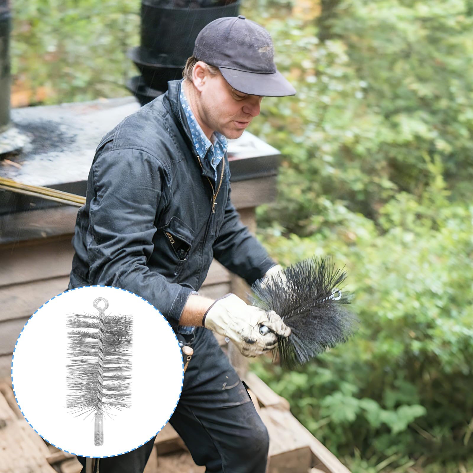Juego de 5 cepillos de Tubo de Estufa para Tubos de Estufa y Chimenea - Diámetros 30, 50, 80, 150 mm con Varilla Flexible de 1m - Acero para Limpiar Calderas, Conductos de Humos (Plateado)