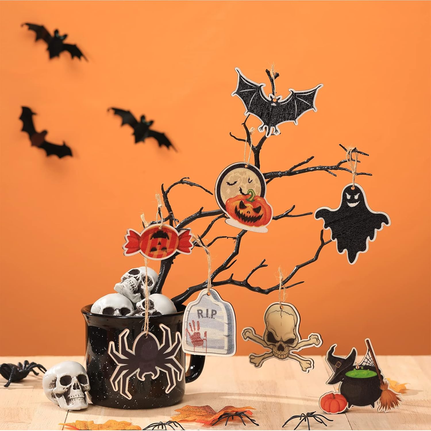 24 Pieces Halloween Wooden Hanging Ornaments Halloween Tree Decorations Wood Sign with Rope Pumpkin Ghost Witches Hat Decors for Party Home Decoration(Bat Style) - Image 7