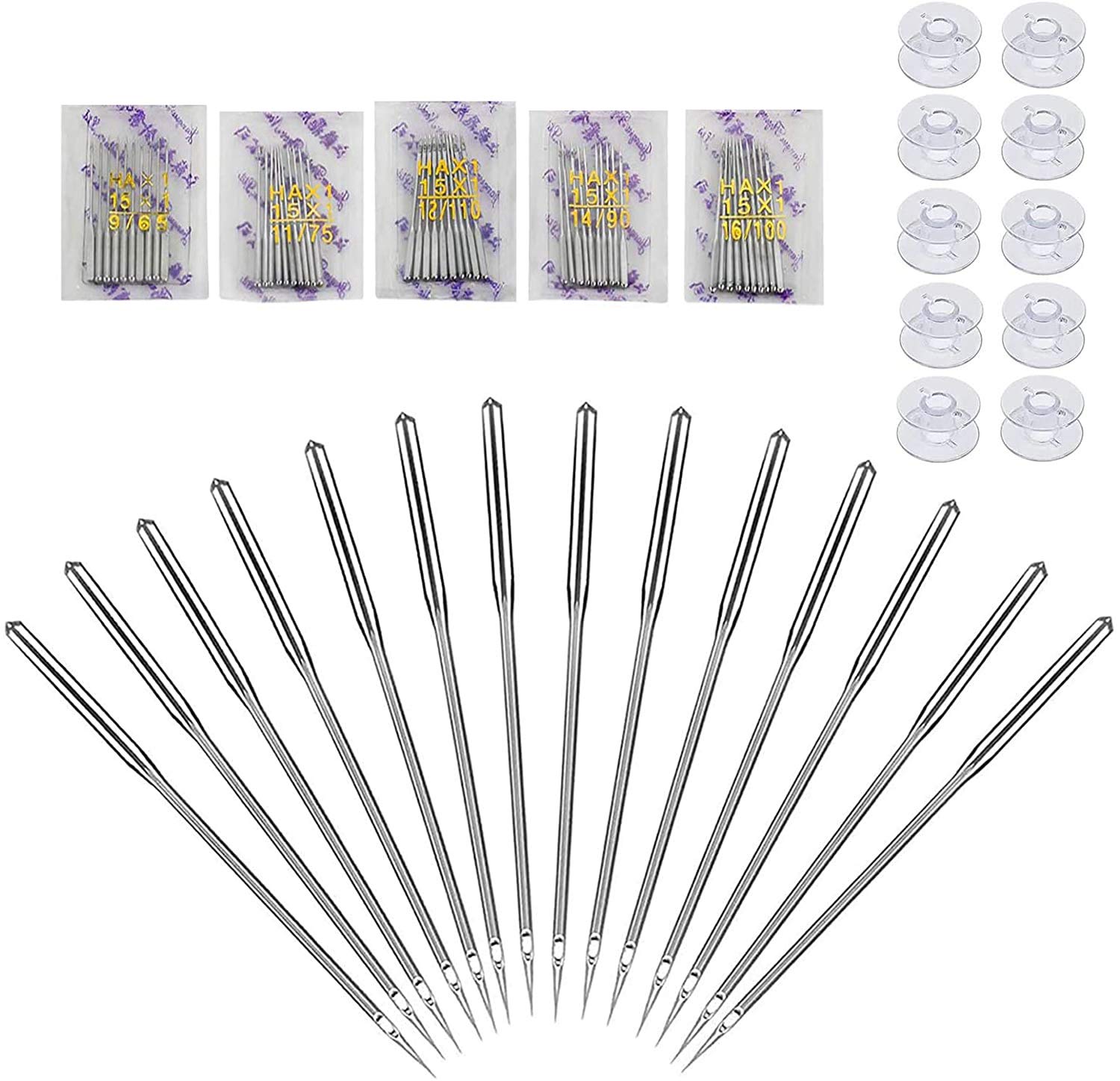 Sewing Machine Needles, 50 Count Needles,10 Count Sewing Machine Bobbins, Universal Regular Point for All Major Brands of Sewing Machines, Sizes 65/9, 75/11, 80/12, 90/14, 100/16