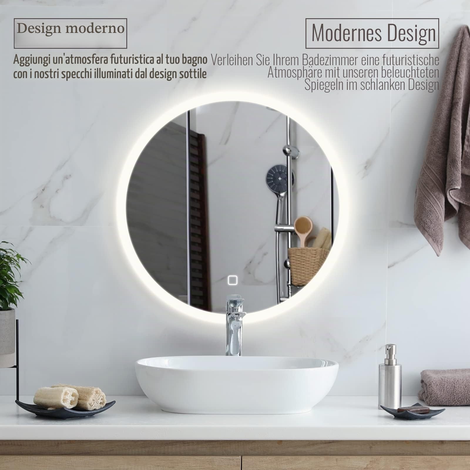 Aquamarin® Specchio LED Rotondo - A++, Controluce Bianca Fredda/Calda/Neutra, Touch, Antiappanamento, Diametro a Scelta - Retroilluminato Tondo, da Bagno, Parete, con Illuminazione (Ø80cm)