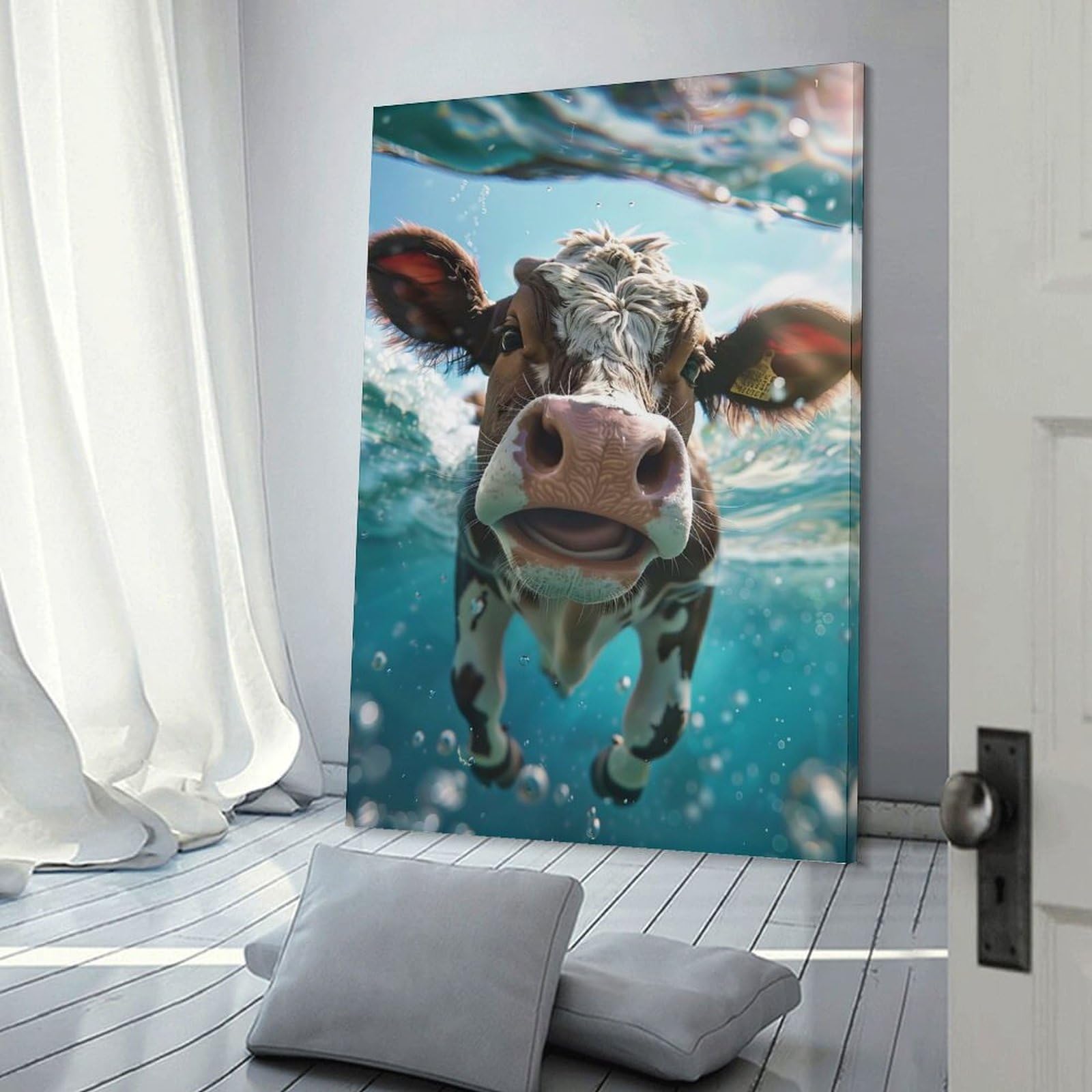 Junmoney Cow Sea Canvas Art Print 24x36inch(60x90cm), for Art Walls, Layered Displays Or Homes, Decorative Artwork with Flexible Styling