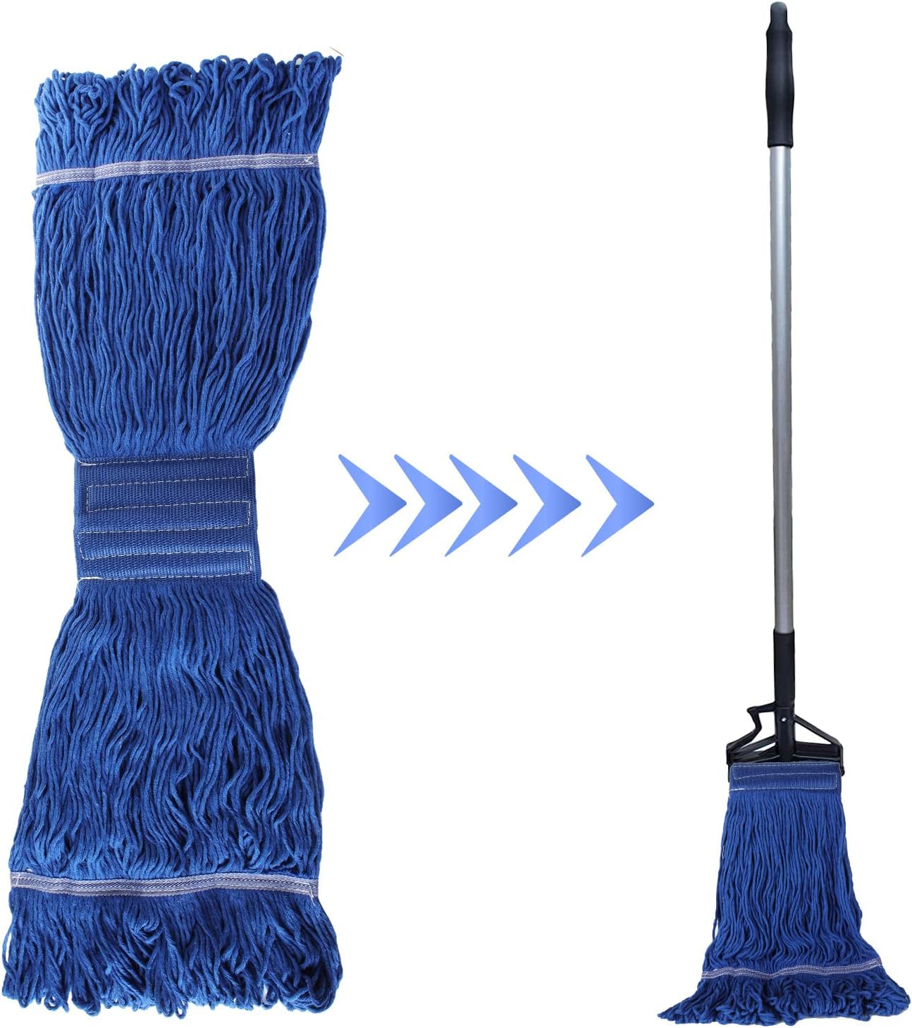 4Pcs Commercial String Mop Head, Loop-End Mop Head Replacement, Heavy Duty Mop Head Refills, 6 Inch Headband, Cotton Looped End Wet Cleaning Mop Refill for Home, Industrial and Commercial Use (Blue)