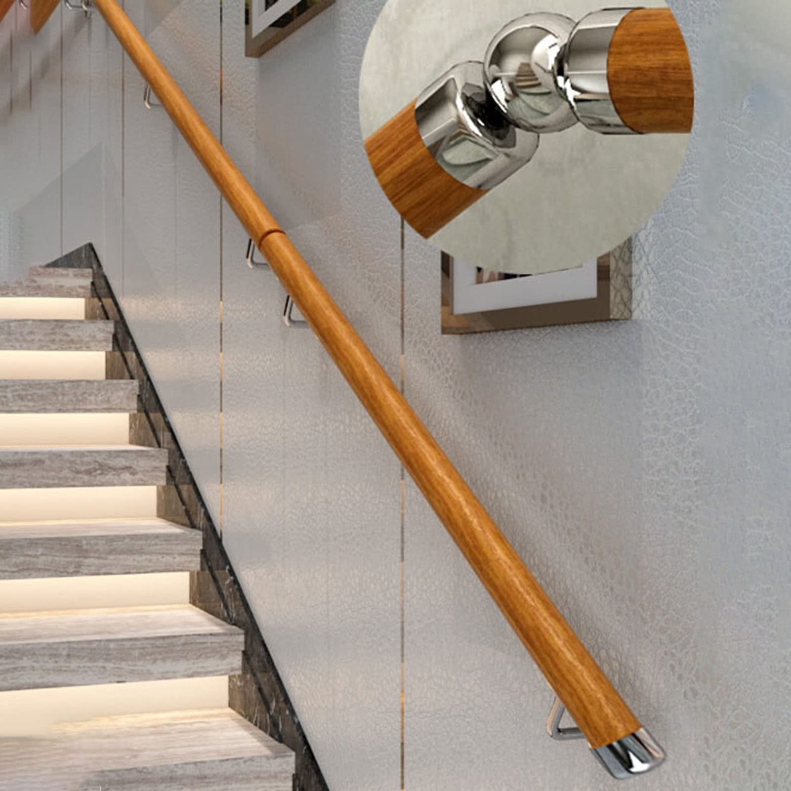 Rampe de support mural robuste en bois et métal, sécurité escalier de 1m