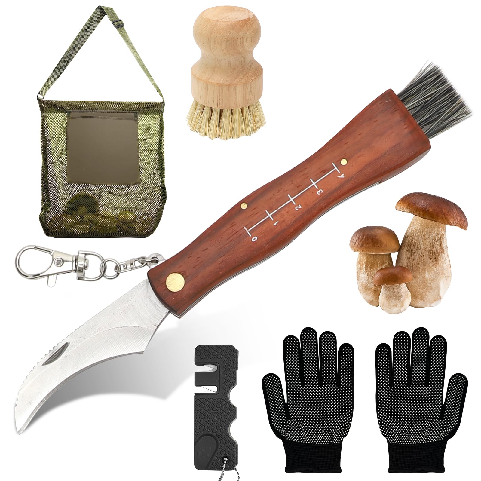 LOMUG Coltello per Funghi, coltello Funghi con Spazzola, Borsa funghi, Guanti, Affilacoltelli, coltello Micologica Manico in Legno Acciaio Inox Coltellino funghi, Borsa da Caccia per funghi Il Foraggi