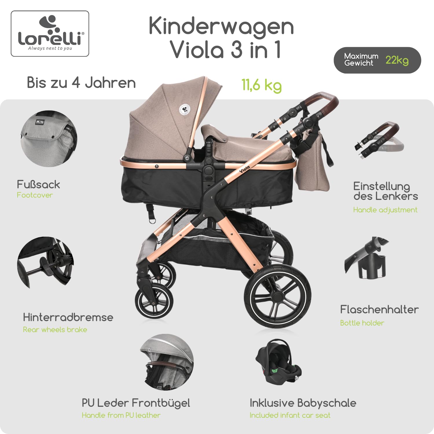 Lorelli Viola Kinderwagen 3 in 1 mit Babyschale, Babywanne umwandelbar in Sportsitz, Baby Kombikinderwagen bis 22kg, Zusammenklappbar, Große Gummireifen, Großer Einkaufskorb, Fußsack, Beige