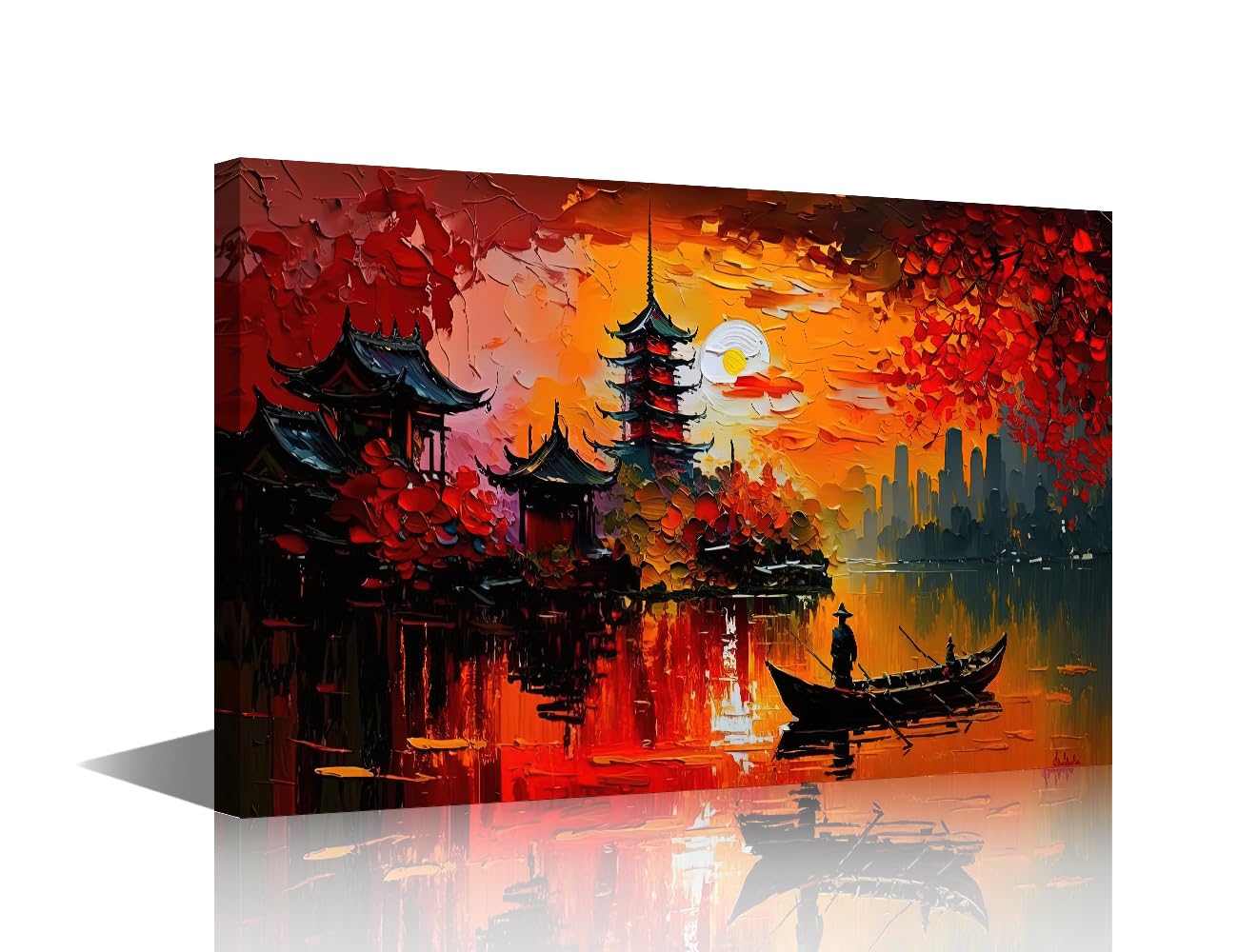 1 Panels Modern Wall Art Asian Ancient Town Lakeside Landscape Pictures Print on Canvas for Living Room Bedroom Wall Decoration, Oil Painting Style Art Ready to Hang, 36" Wx24 H
