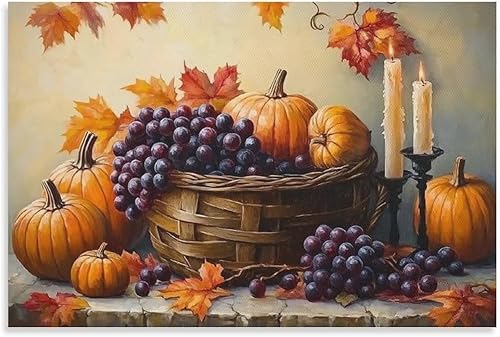 Arte De Pared De Calabaza, Lienzo De Otoño, Cocina, Comedor, Decoración De Pared, Pintura De Hojas De Arce, Cosecha De Acción De Gracias Wall Art