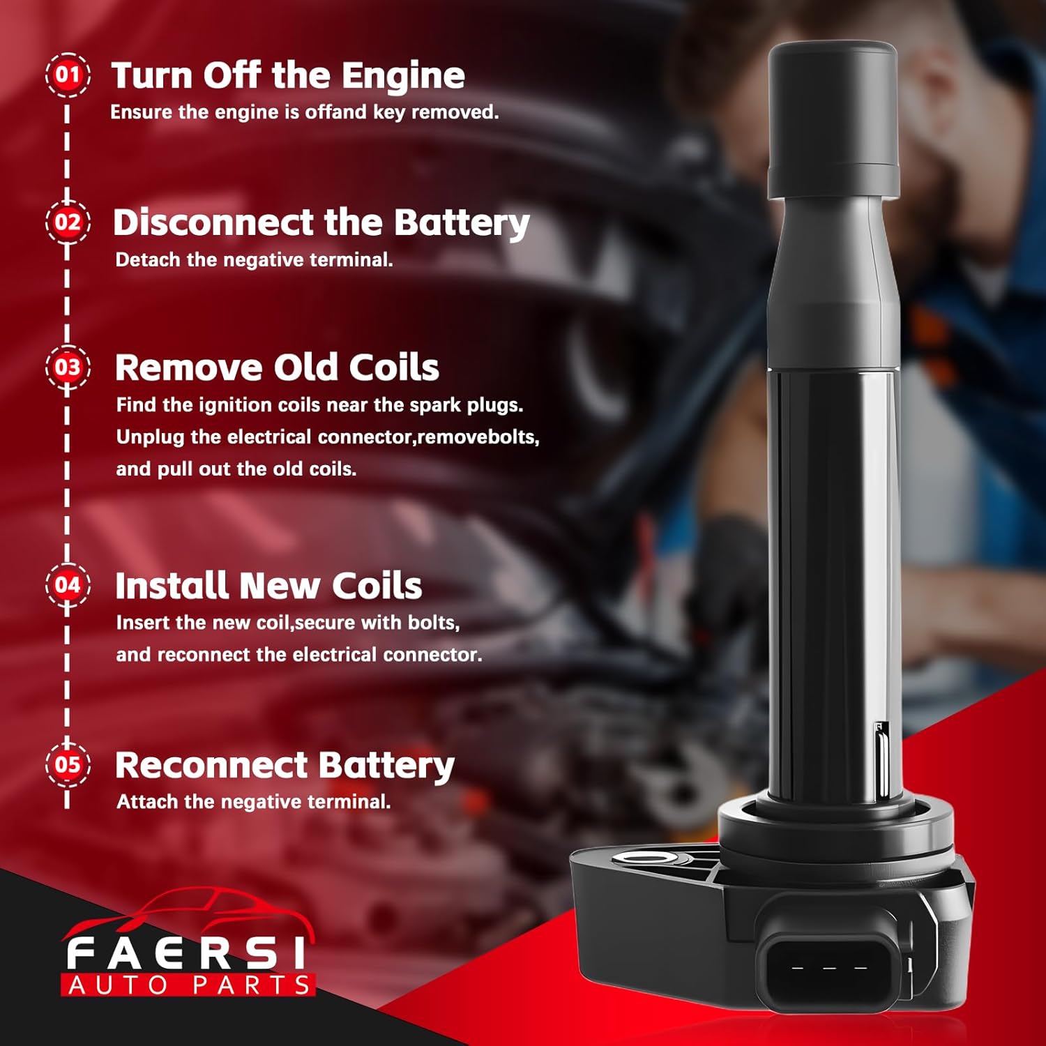 FAERSI Set of 6 OE Replacement Ignition Coil Pack for Honda Odyssey/Accord EX/LX (1999-2011) & Acura TL/RL/CL (1999-2011) 3.0/3.2/3.5L V6, Replaces# UF242 90919-02247 C1221