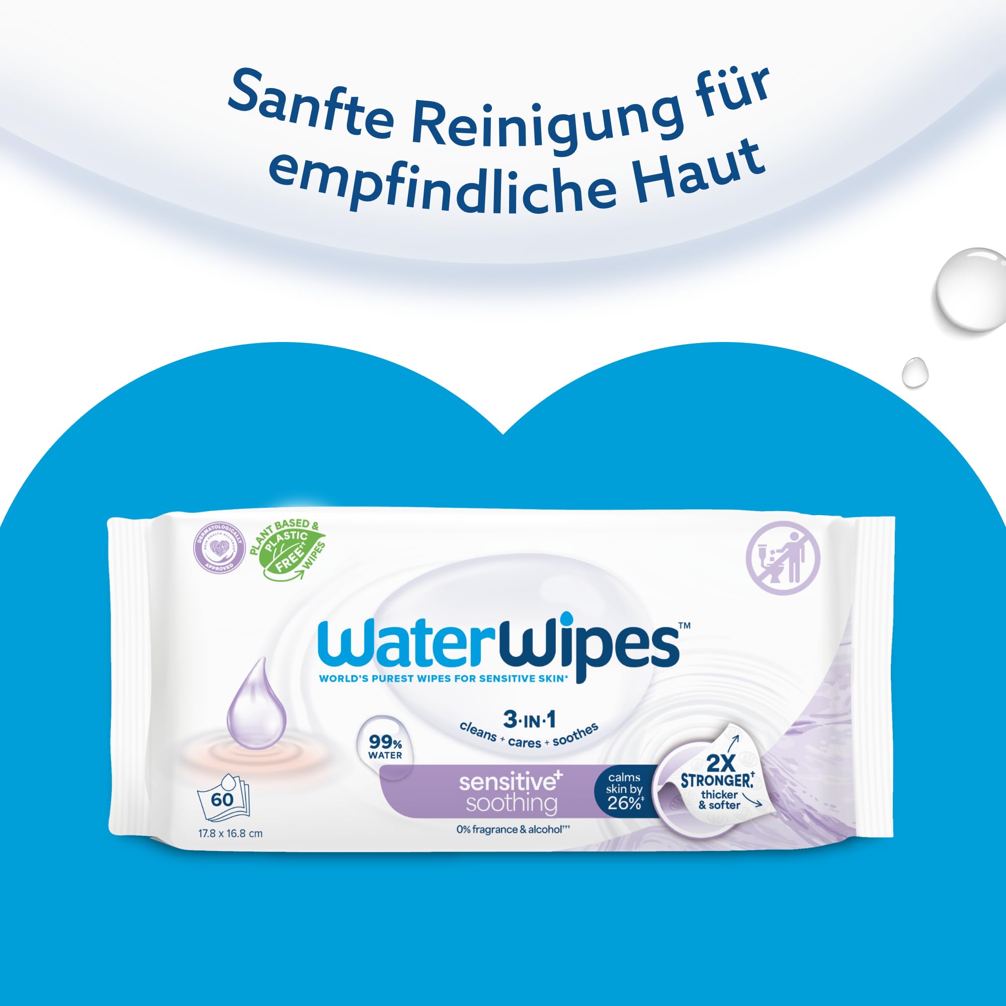 WaterWipes Sensitive+ Soothing Clean Wipes, Beruhigende Tücher, 720 Stück (12 Packungen), 3-in-1-Reinigung, Pflege, Beruhigung, 99% Wasser mit Pflanzenextrakt, parfümfreie Babyfeuchttücher