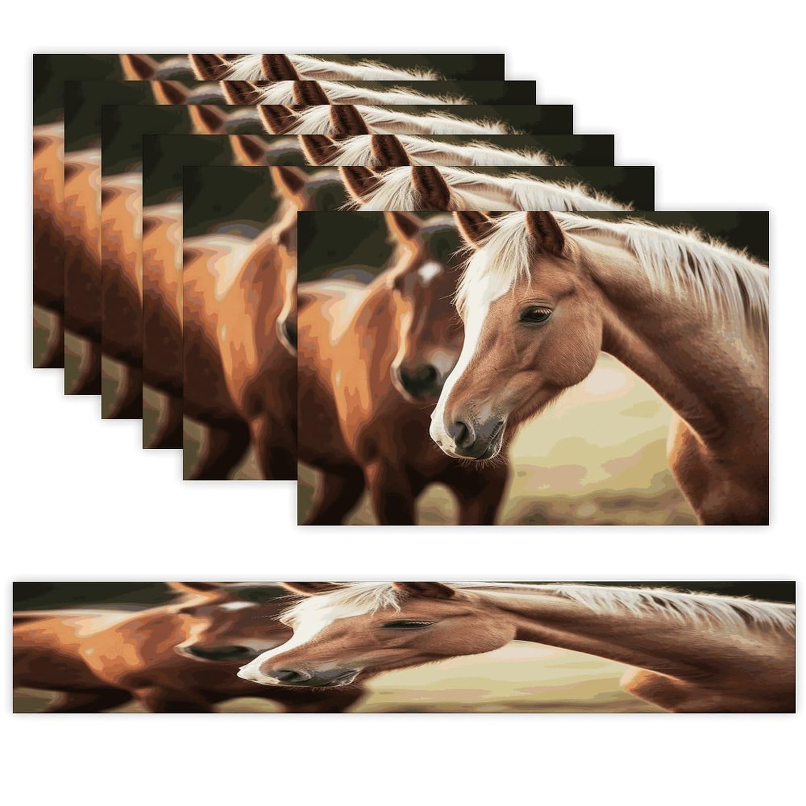 Adorable Horse Table Runner and Placemats Set of 6 Wipe Clean Heat Resistant Table Mat with Table Runner Decorations Flax Linen Place Mat Set for Home Kitchen Party Supplies