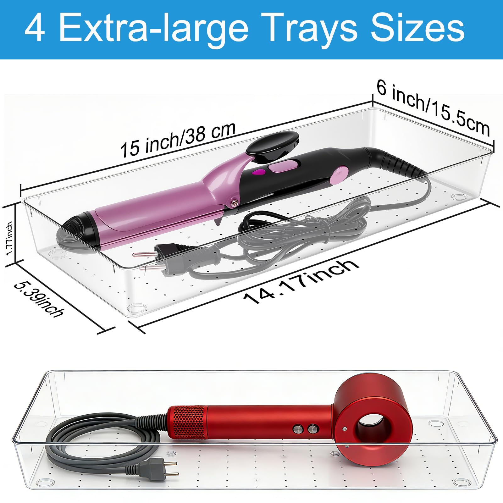 Manalete 8 vassoi portaoggetti extra large per cassetti, 38,1 x 15,2 cm, contenitori multiuso in plastica trasparente per vanità, trucco, utensili da cucina, bagno, scrivania da ufficio, utensili da