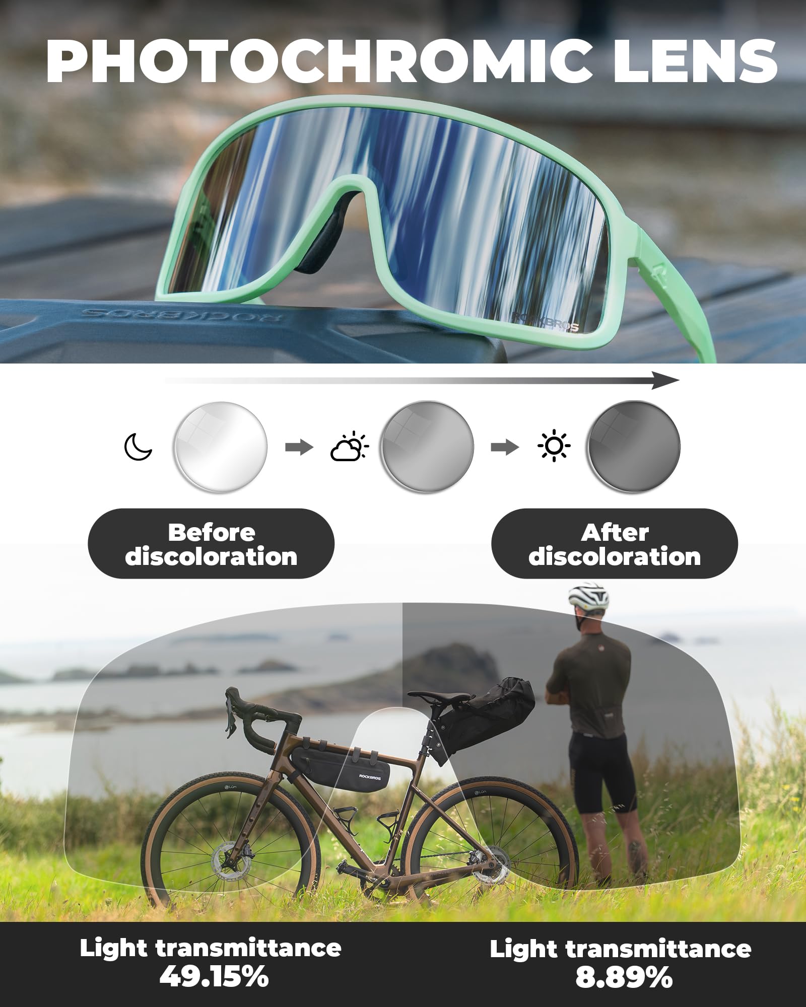 ROCKBROS Selbsttönend Fahrradbrille, Photochrome UV400 Sonnenbrille Sportbrille, Ultraleichter TR90 Rahmen Laufbrille, Austauschbare Nasenpads Cycling Glasses für Damen Radfahren MTB Laufen - 3