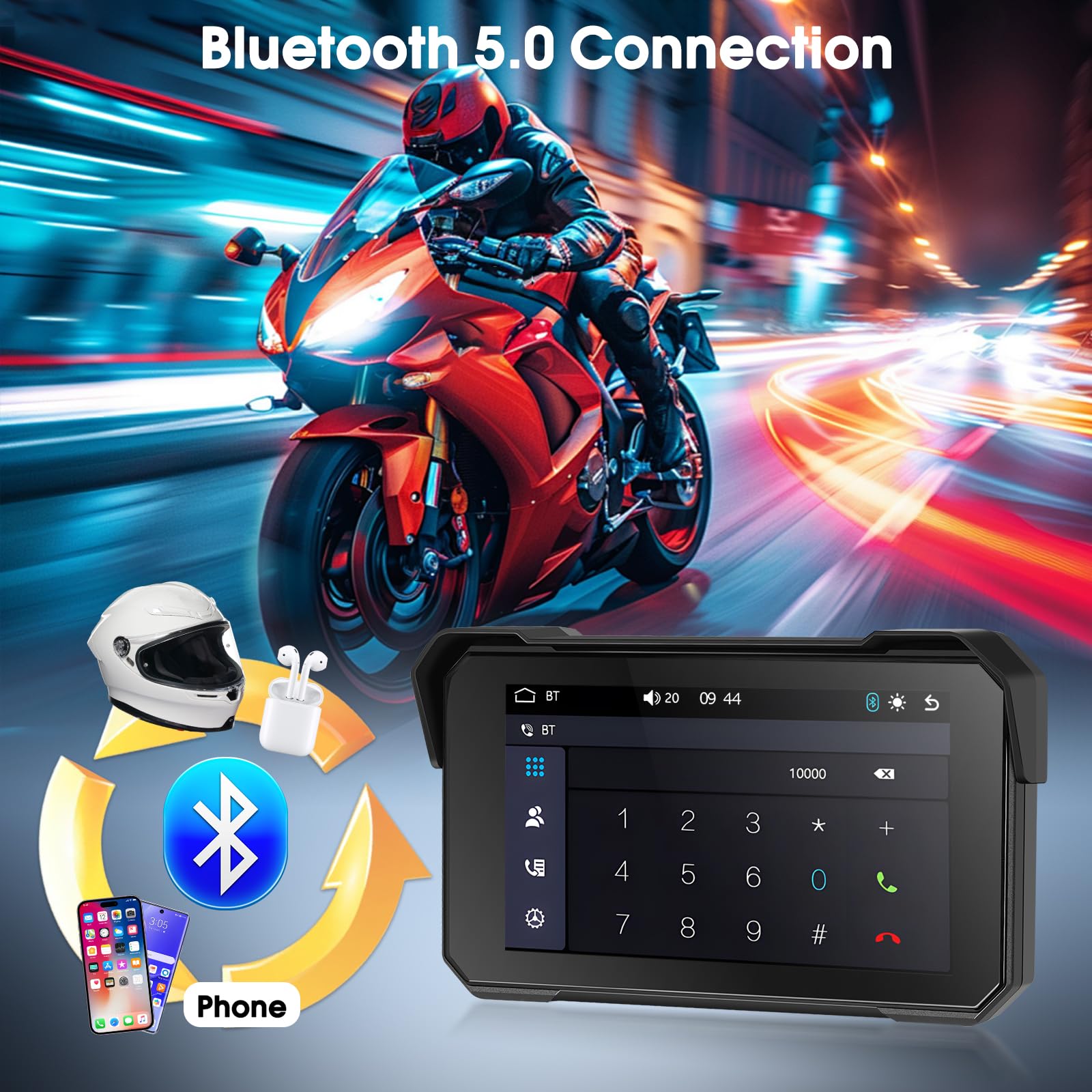 Navigatore Moto Wireless con Apple CarPlay Android Auto, IP68, Touchscreen 5 Pollici HD, GPS, Bluetooth 5.0