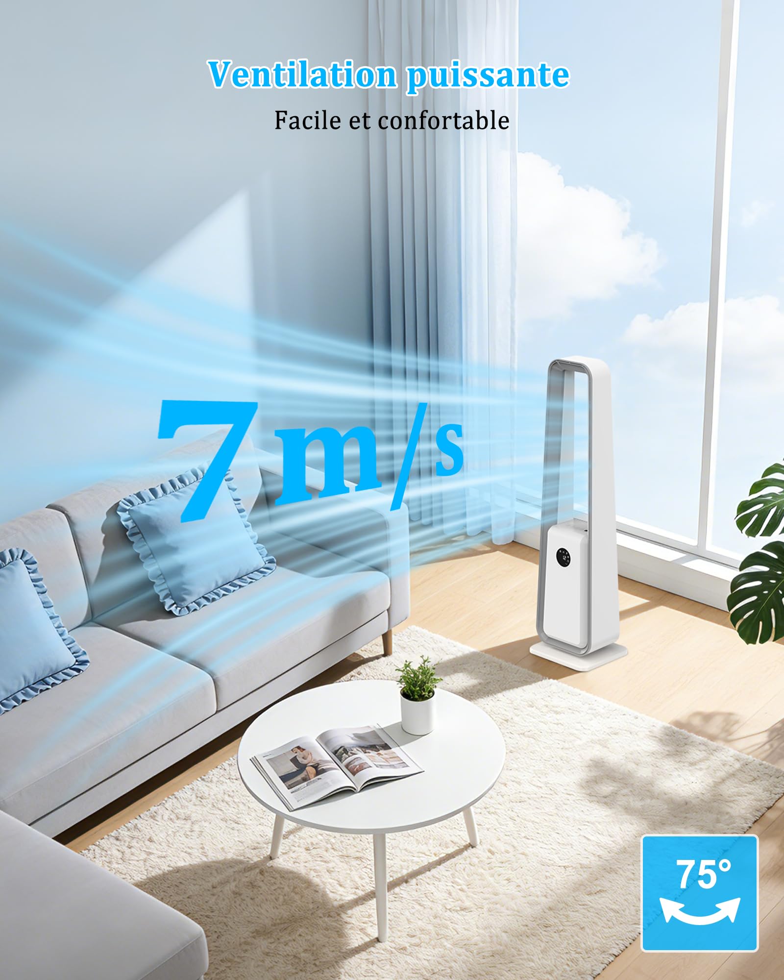ThomP Ventilatore a Torre Senza Pale – Funzionamento Silenzioso, 24 Velocità, 3 Modalità, Oscillazione 75°, Timer 12H, 4 Colori LED, Telecomando per soggiorno, ufficio e camera