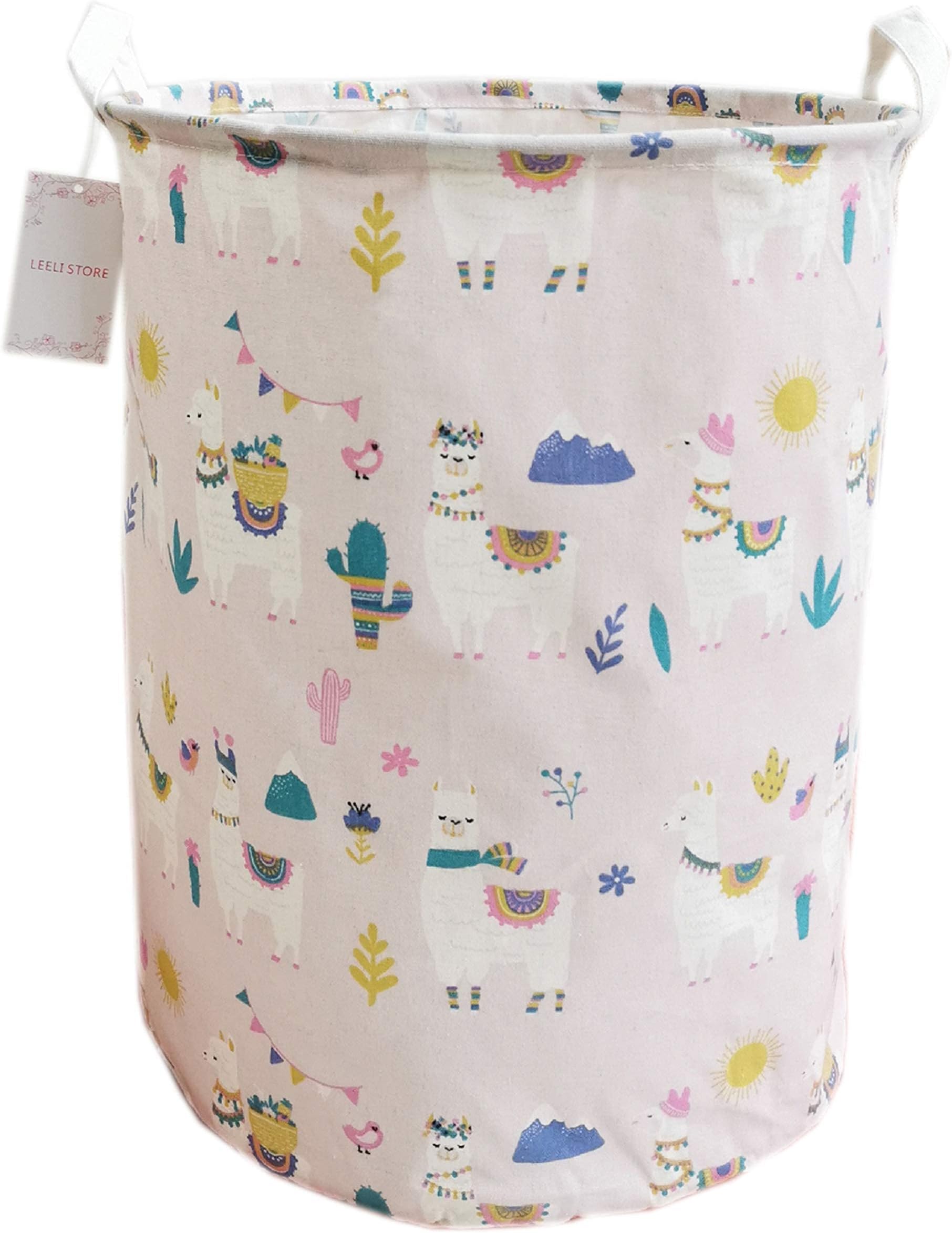 LEELI Laundry Hamper with Handles Collapsible Canvas Laundry Basket,Waterproof Storage Basket Home Organizer for Nursery,Clothes,Toys,Baby Hamper19.7×15.7(Pink Llama)