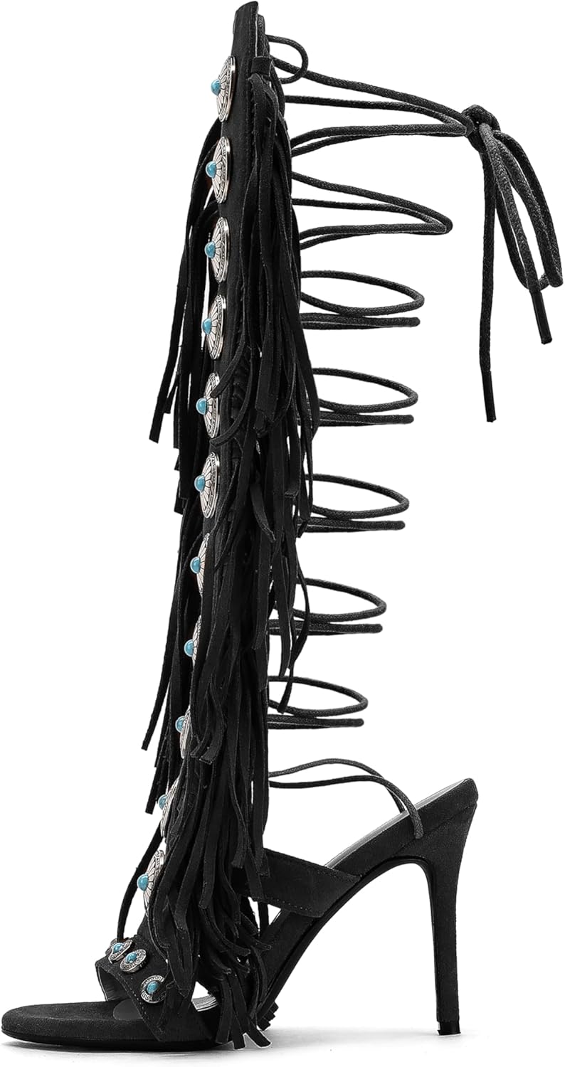 FancyQueen Gladiator Heels Knee High Heels for Women Open Toe Stiletto Suede Fringe Boots Lace up Strappy Peep Toe High Sandal Boots - Image 6