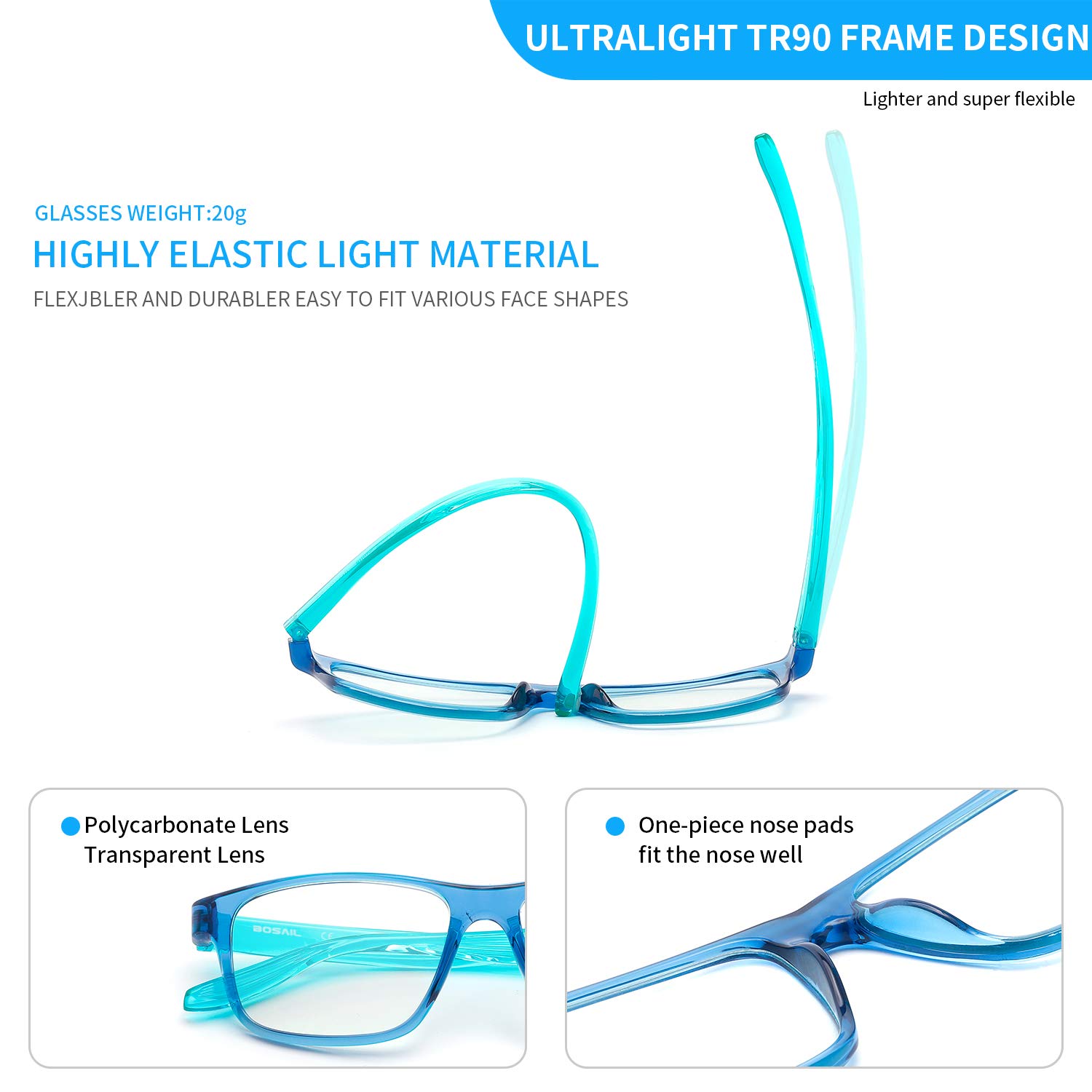 BOSAIL Blue Light Blocking Glasses TR90 Lightweight Square Frame,Anti Glare UV Eyestrain, Fashion Computer Eyeglasses for Men Women
