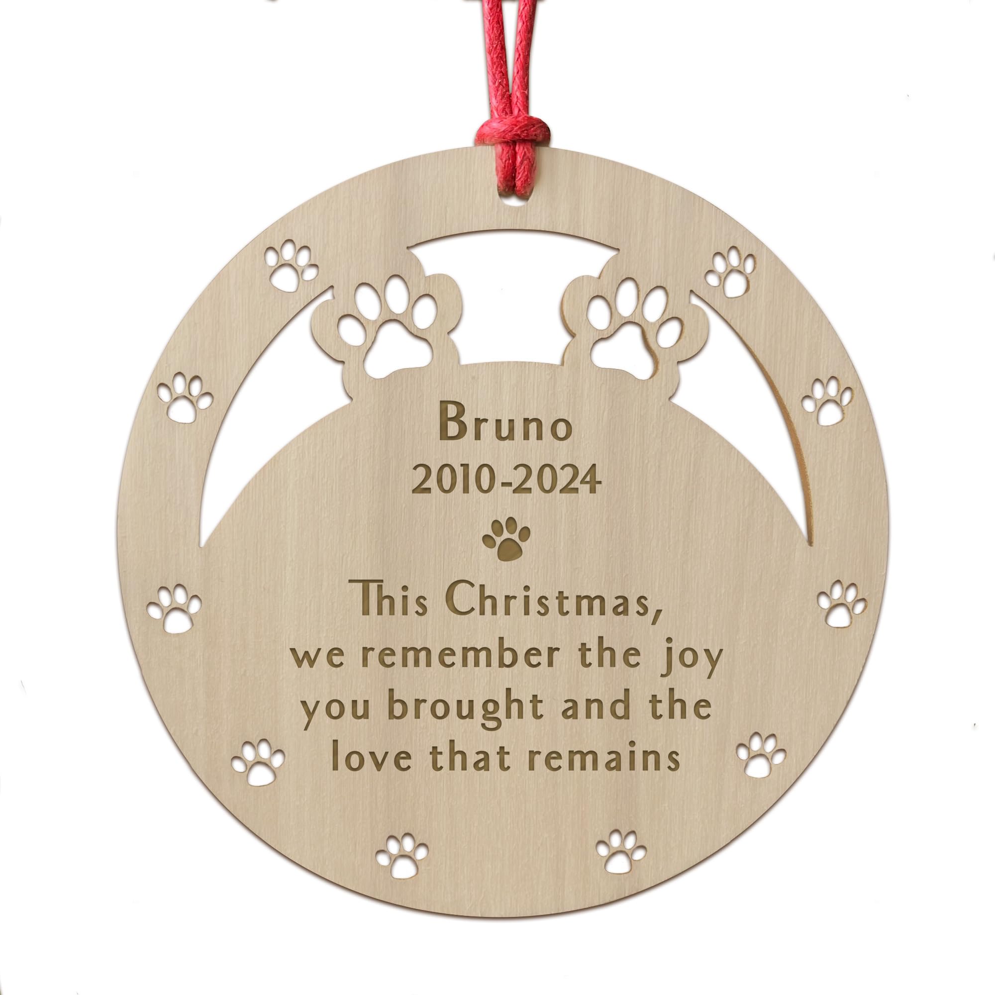 Red Ocean Personalised Pet Memorial Christmas Tree Bauble Decoration, Pet Memorial Gifts Loss of Pet, Dog Memorial Christmas Tree Decorations, Wood Engraved Bauble Decoration (Remember The Joy)
