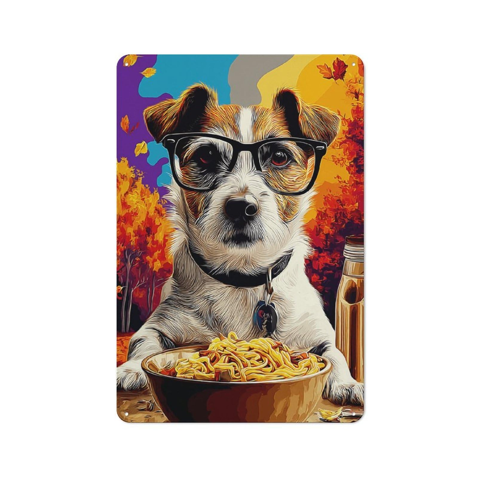 Junmoney Dog In Glasses Enjoying Pasta Bowl Vintage Metal Sign 30X20cm For Lounge Or Reading Corner, For Garage, Workshop And Man Cave Decoration