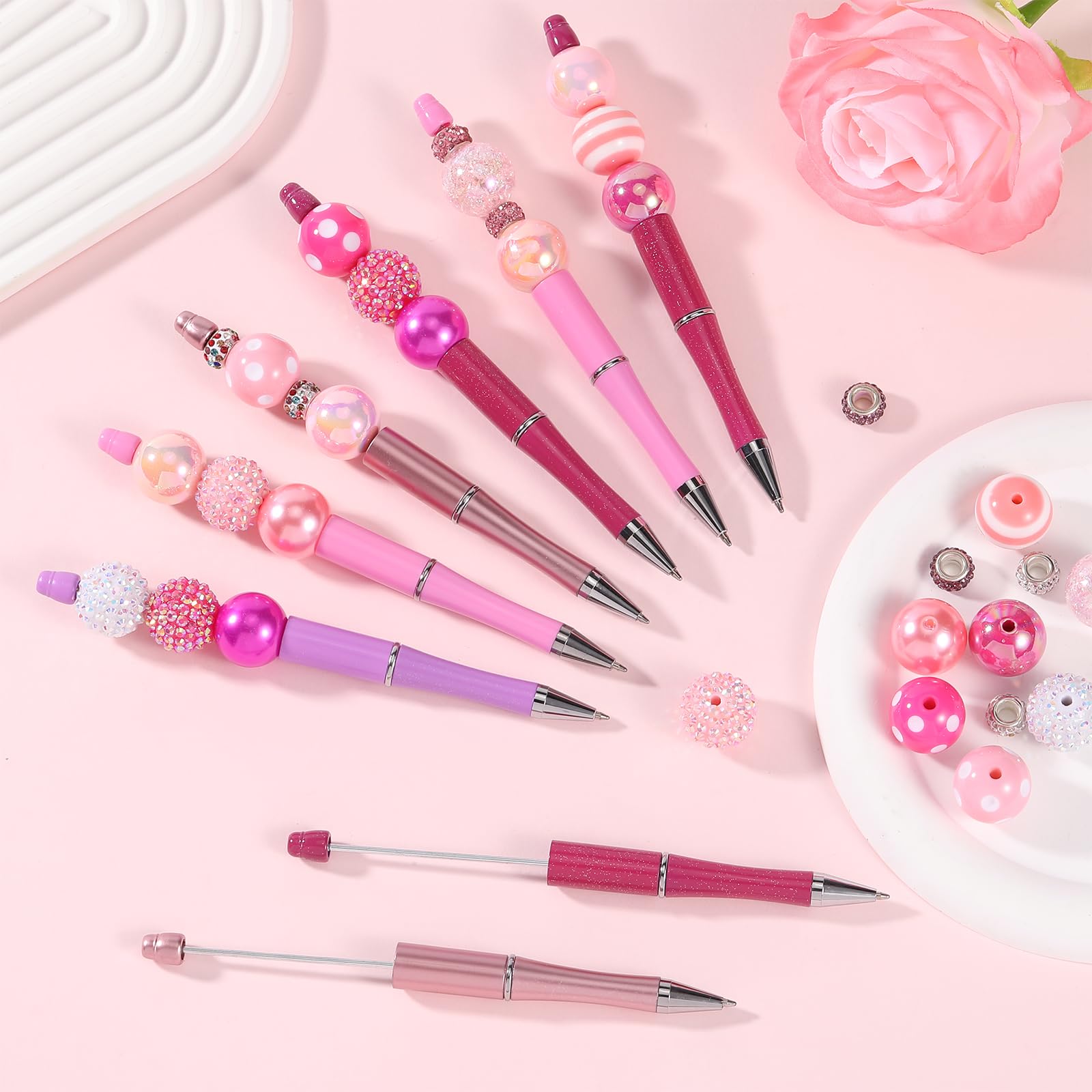 WEWAYSMILE 12 Set Beaded Pens Kits Silicone Beads For Pens DIY Cartoon Bead Pen Various Silicone Beads Spacer Beads Suitable For Office School Gift Handicraft Office Supplies(Pink Series) - Image 3