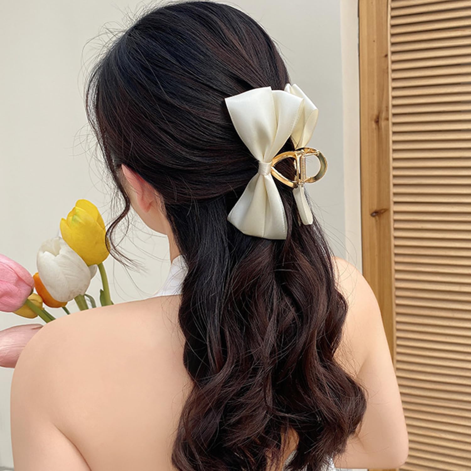 Paquete de 3 pinzas de satén para mujer, pinzas grandes de metal dorado de 4.7 pulgadas con lazo grande, accesorios para el cabello grueso y fino para mujeres y niñas