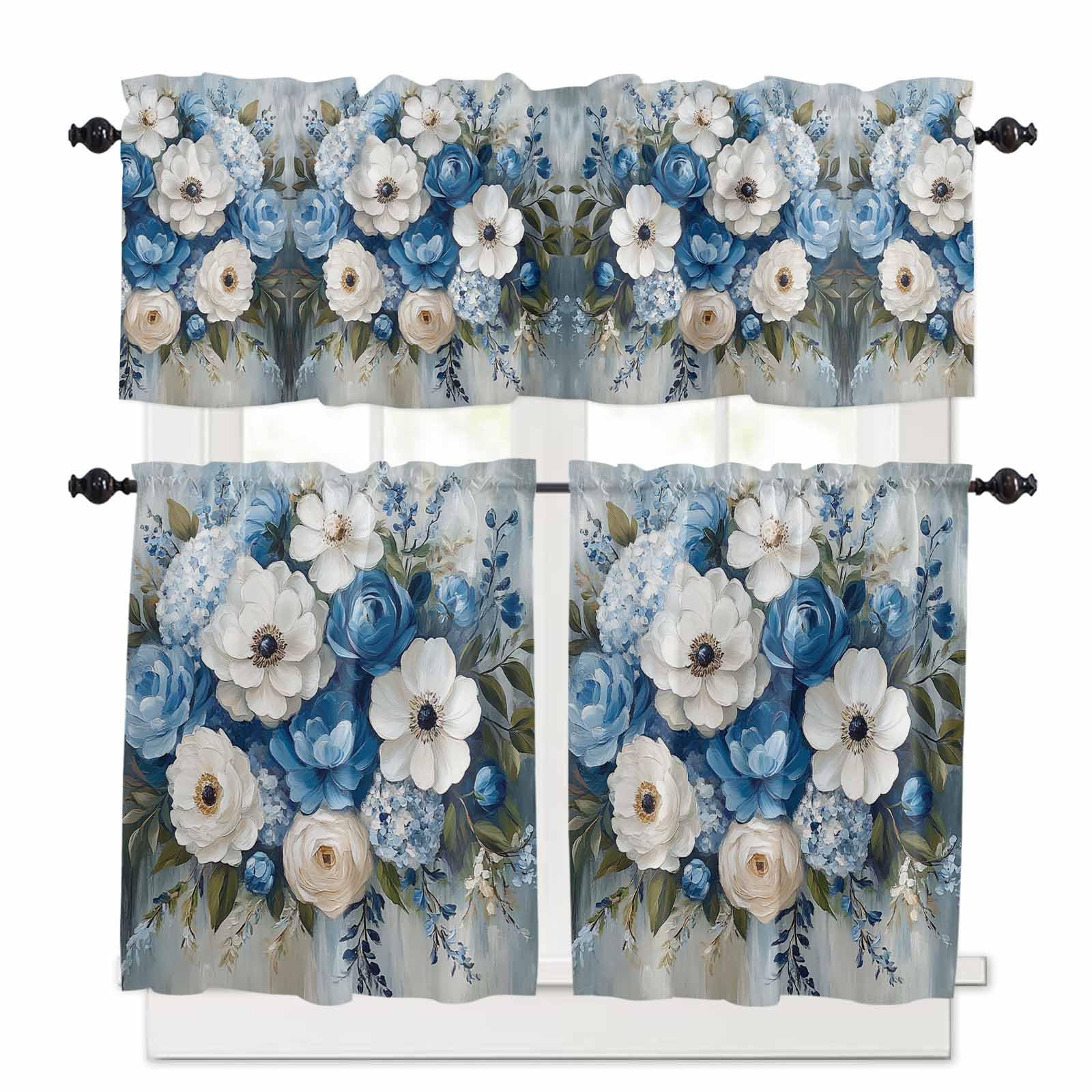 Hydrangeas Flower Kitchen Curtains 24 Inch Length,3 Piece Rod Pocket Small Half Tiers and Valance Set,Blue White Floral Country Oil Painting Small Large Window Treatment Decor for Bedroom/Bathroom