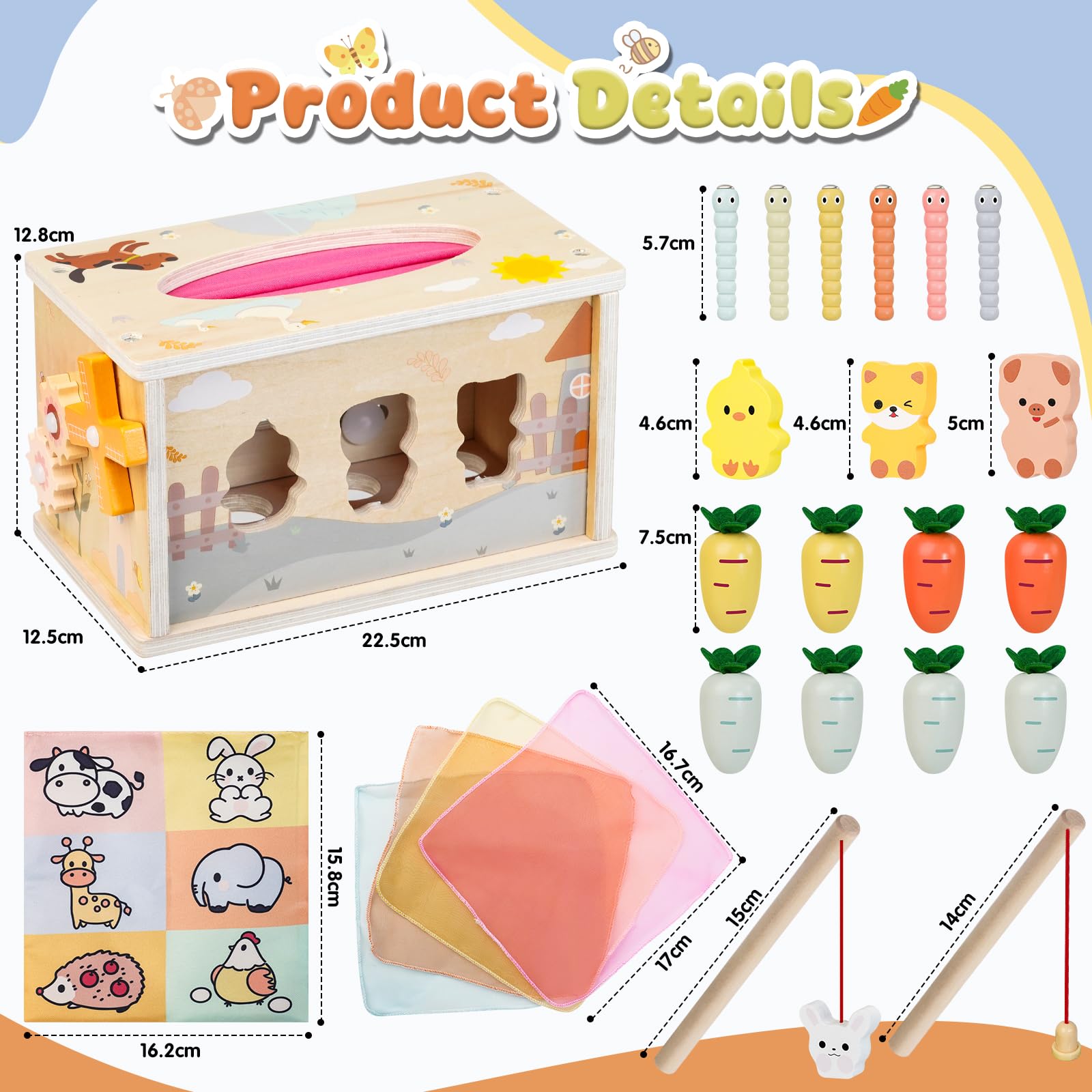 Montessori Spielzeug ab 1 Jahr，6-IN-1 Tücherbox Baby Spielzeug ab 6 Monate, Steckspiel Motorikspielzeug ab 1 2 Jahre, Sensorik Babyspielzeug für Kinder- Geschenk 1-2 Jahr Junge Mädchen