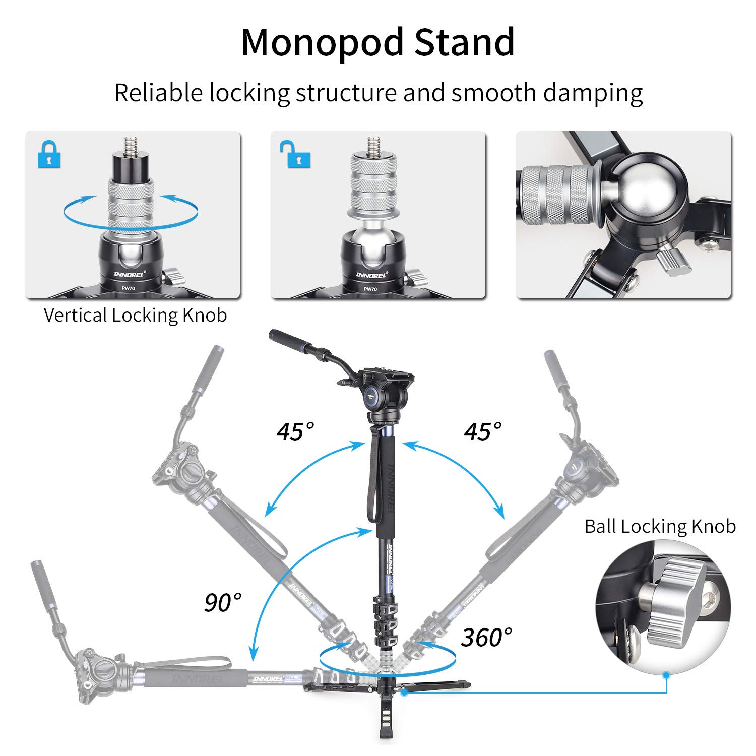 Mini Treppiede da Tavolo INNOREL PW70, DSLR Mini Treppiede con Vite da 1/4 "a 3/8" per Fotocamera, Videocamera, Alluminio CNC, Carico Massimo 15 kg