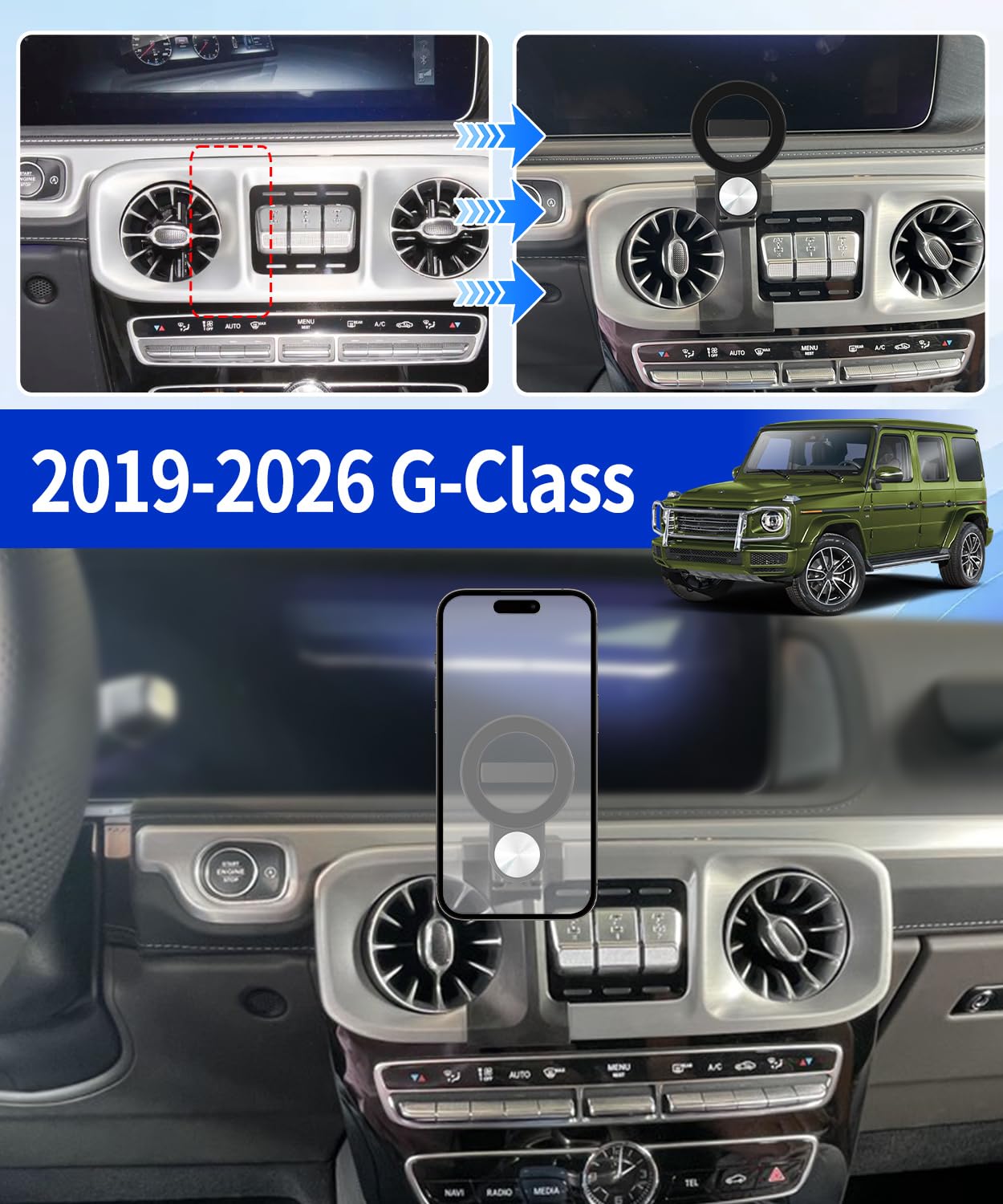 Supporto per telefono da auto per Mercedes Benz Classe G 2019-2026, supporto per telefono cellulare compatibile con MagSafe, rotazione a 360°, mani libere, non influisce sulla bocchetta