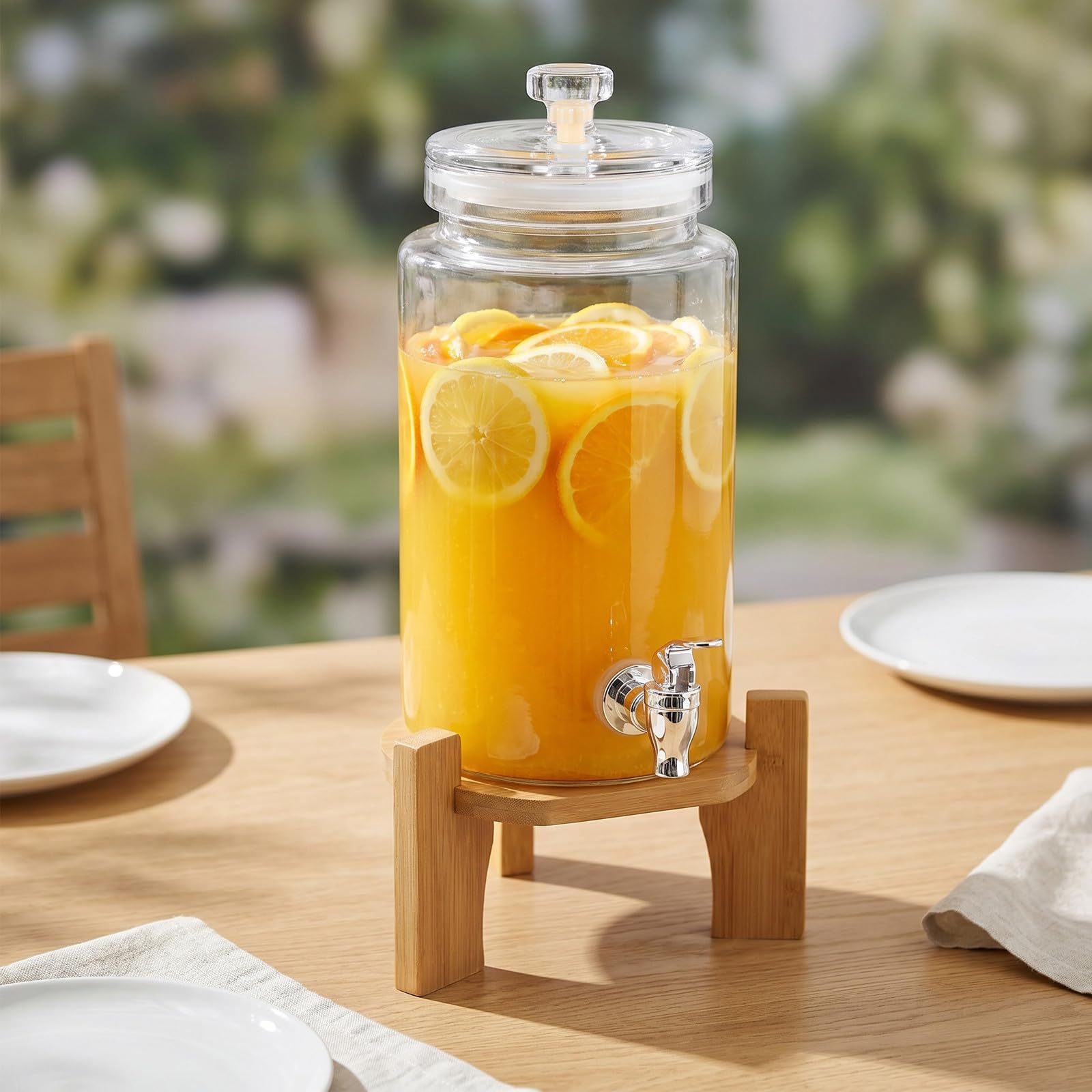 OUNONA Getränkespender für Kaltgetränke, 2,5-Liter-Glasbehälter mit Holzständer für Eistee, Saft und aromatisiertes Wasser, ideal für sommerliche Partys