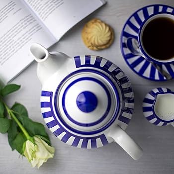 陶器製のストライプ急須 ティータイムをおしゃれなポットでカフェ風に。