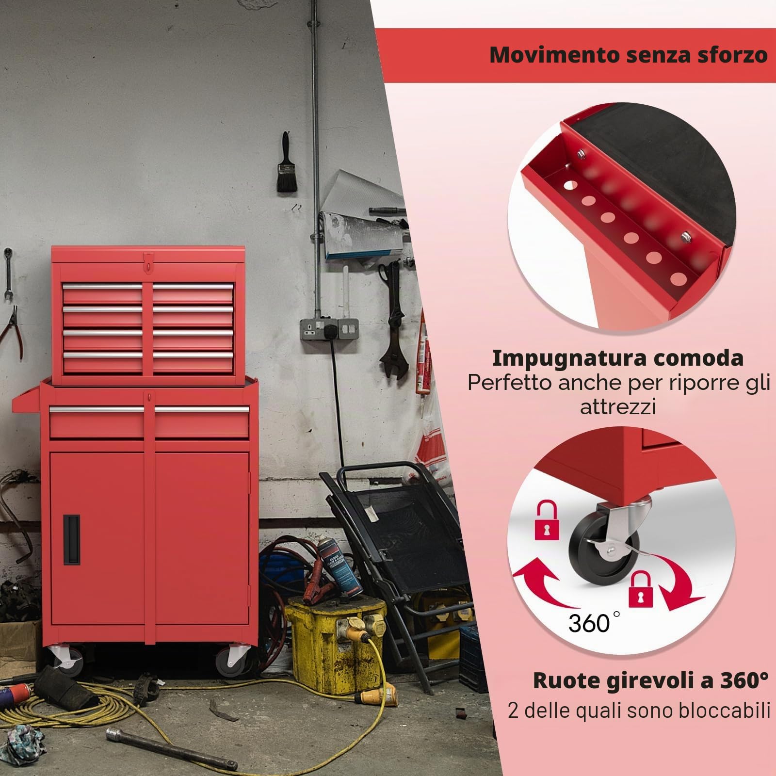 FANTASK Carrello portautensili 2 in 1 su ruote, carrello da officina con chiusura a gancio, 8 scomparti e valigetta e ripiano regolabile, senza attrezzi, carrello professionale in metallo, portata 100