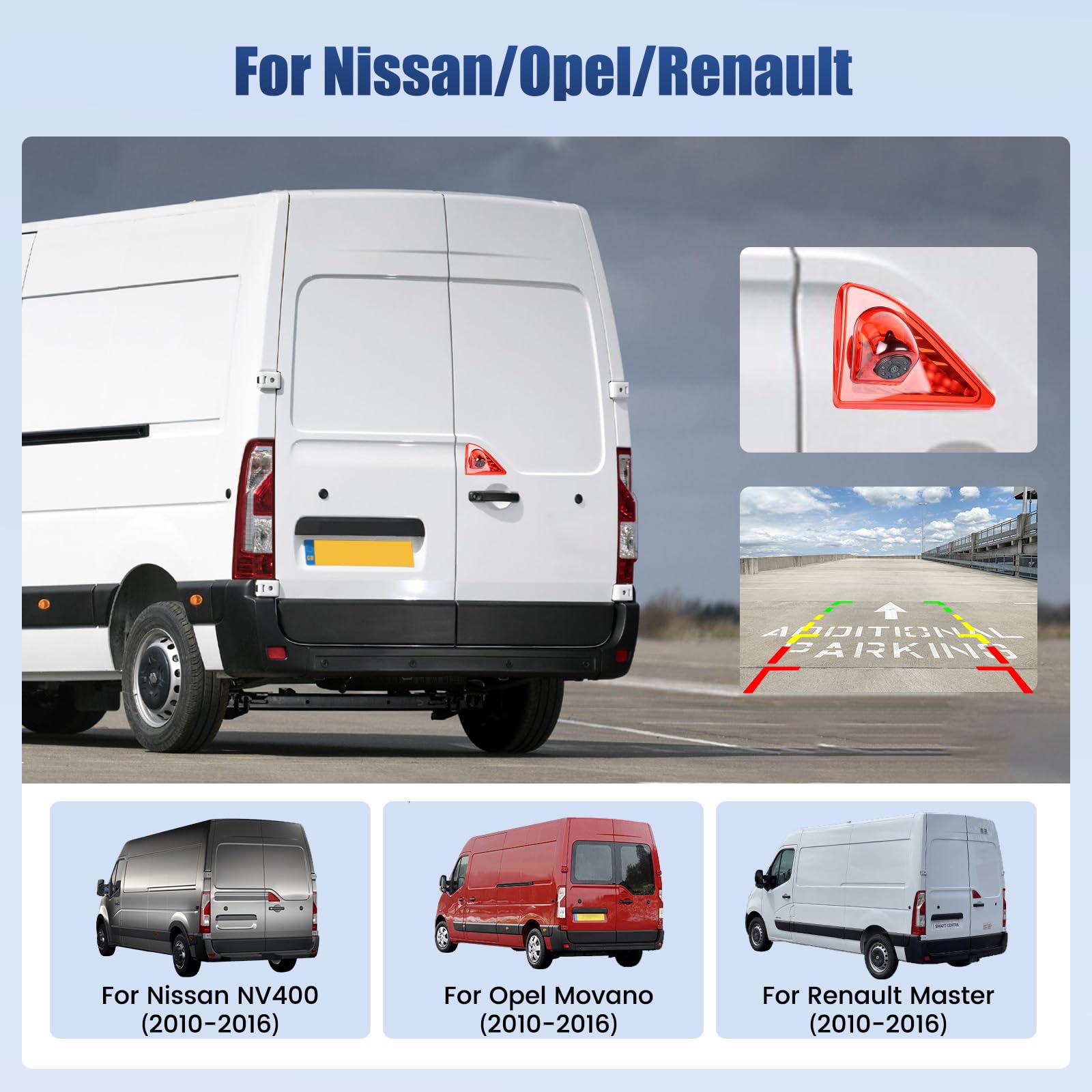 Hikity HD Visione/IP67 Impermeabile, Retrovisore luce freno Terzo tetto Top Mount Retromarcia Telecamera inversa Compatibile con Nissan NV400 2010-2016/Opel Movano 2010-2016/Renault Master 2010-2016