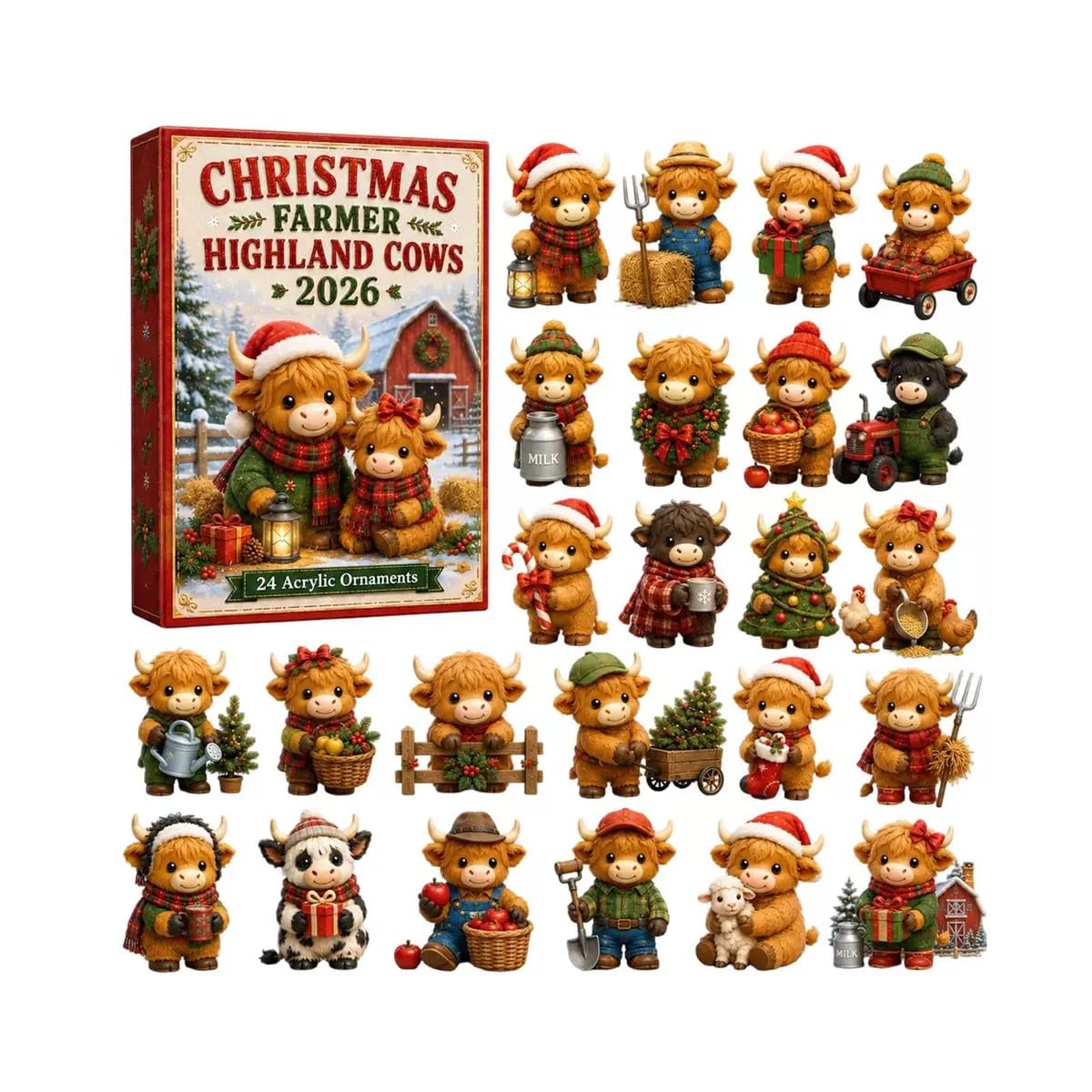 Highland Cow Advent Calendars 2026, 24 Days Christmas Countdown Calendar 2D Acrylic Cute Animal Theme Farmhouse Rustic Decor, Reusable Halloween Countdown Display, Cow Lover Gift，#C