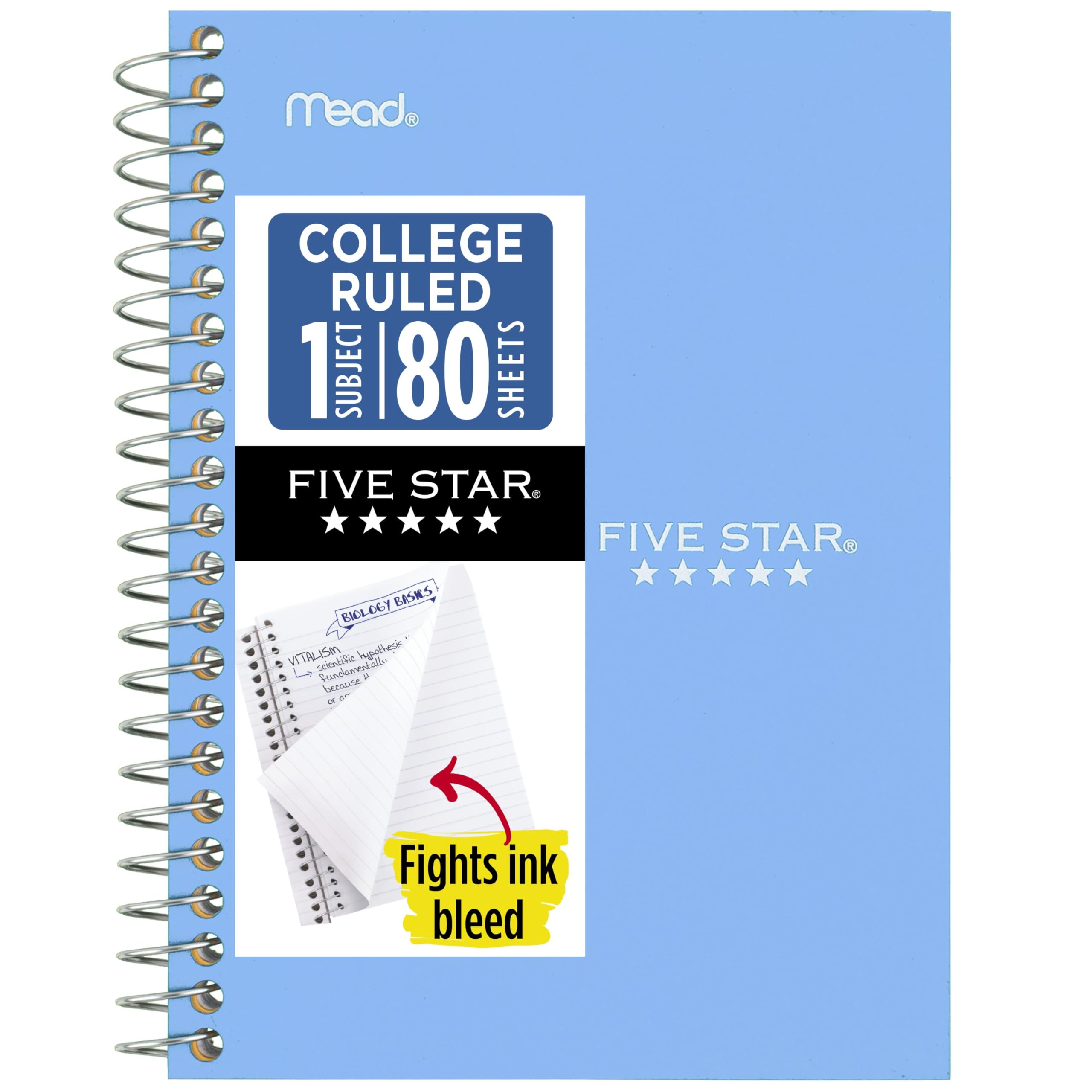Five Star Spiral Notebook, 1 Subject, College Ruled Paper, 4-3/8" x 7", Small Size, 80 Sheets, Blue (450048CG1)