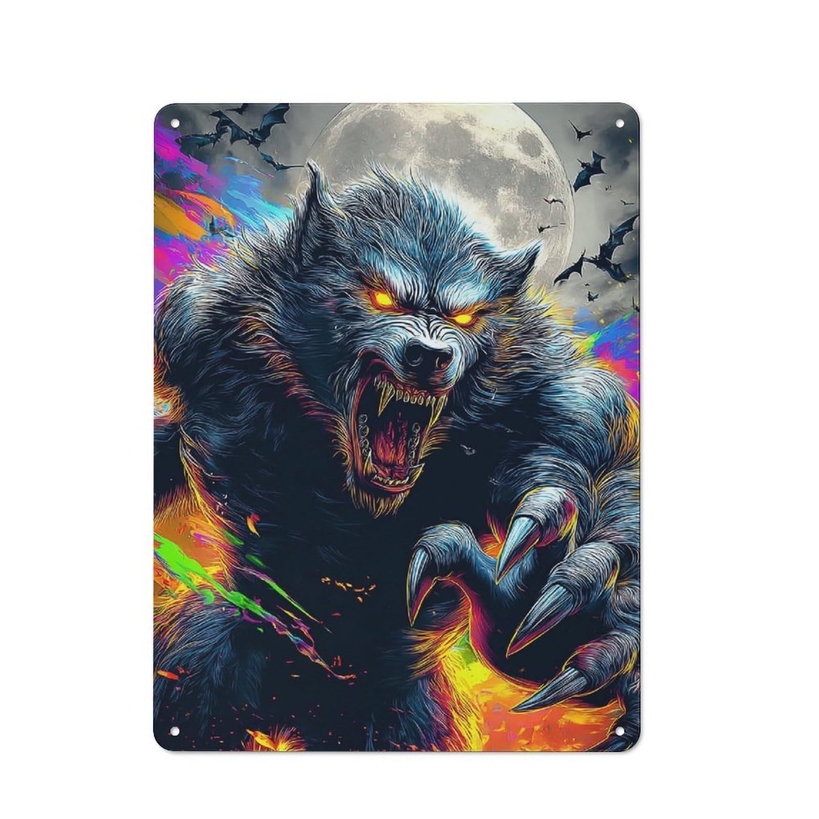 Junmoney Moonlit Werewolf Roar -1 Tin Wall Plaque 40X30cm With For Hallway Wall, With Clear Retro Wall Decor Character