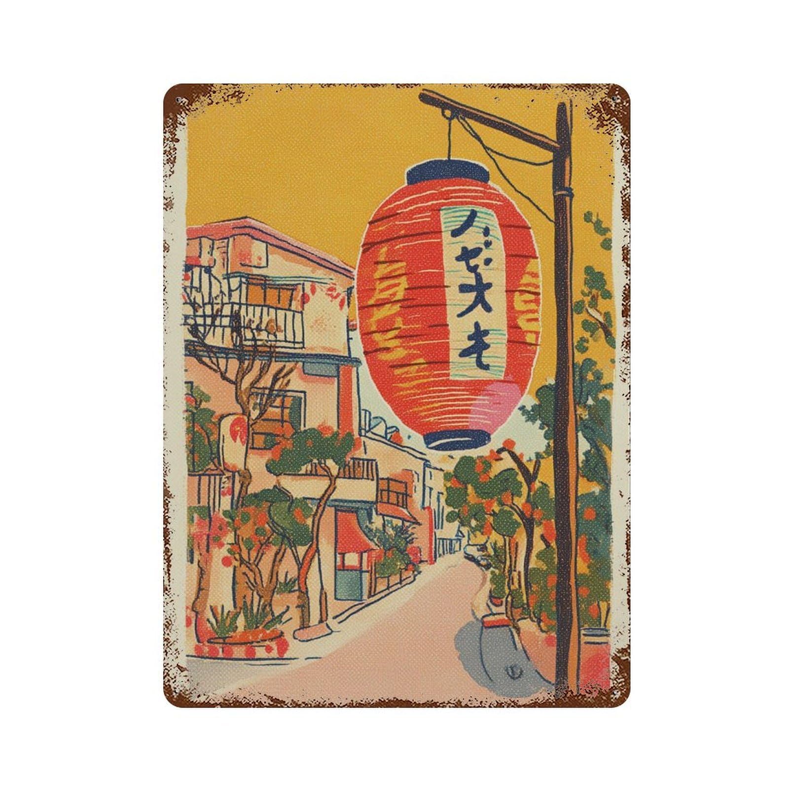 xiaoxiaoshen Japanese Lantern Street Asian City Red Paper Minimal Urban Wall Decor Art Metal Tin Poster Modern Home Decor Art Home Bar Shop Decorations Vintage Sign 40x30cm