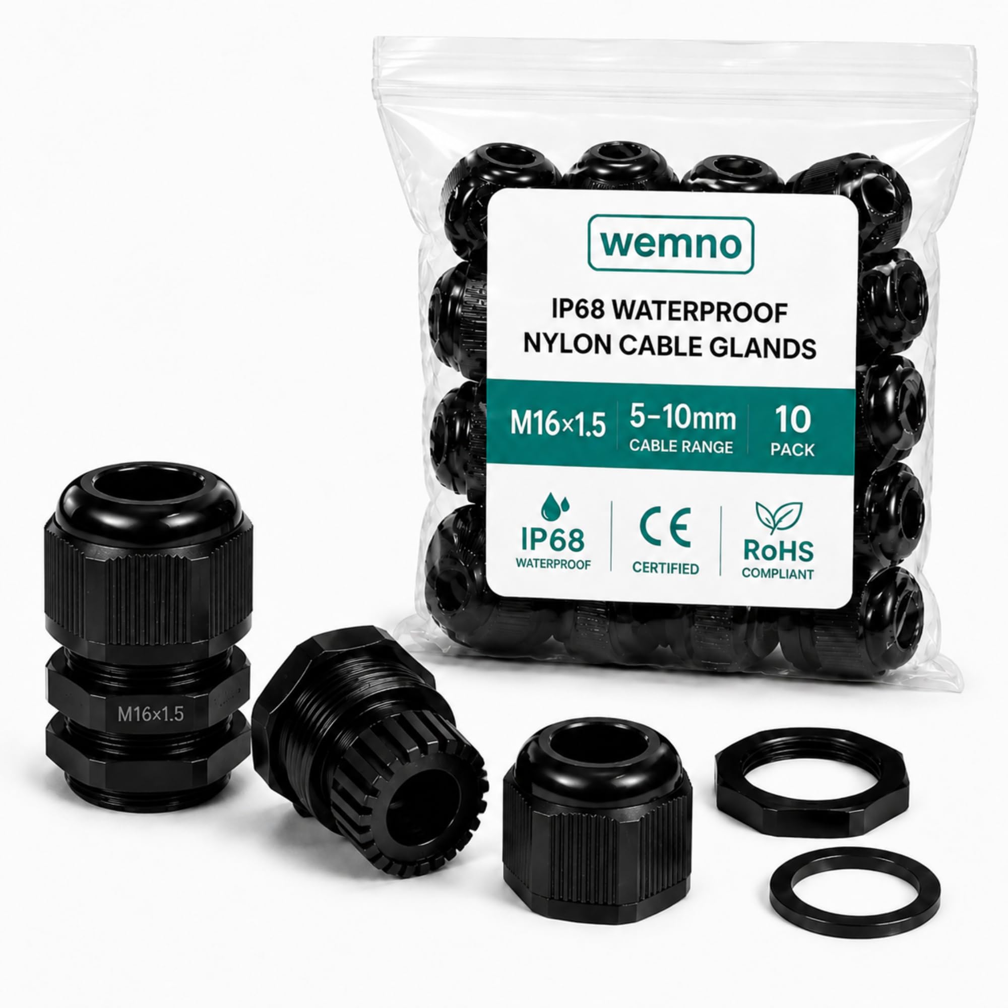 WEMNO Black Nylon Cable Glands M16 Pack of 20 | IP68 Waterproof | PA6 Nylon | CE Marked | Metric 16mm | 3–8mm Cable Range | Outdoor Industrial | Electrician & M&E Grade
