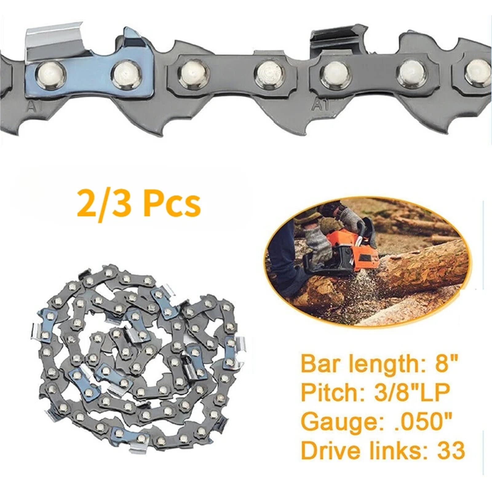Cadena de motosierra Metal 8 pulgadas, sierra Lp 3/8, 33 eslabones transmisión, repuesto accesorio eléctrico 0.050 Reemplazo de cadena de corte de motosierra.(3pcs-8 Inch 33 Dl)