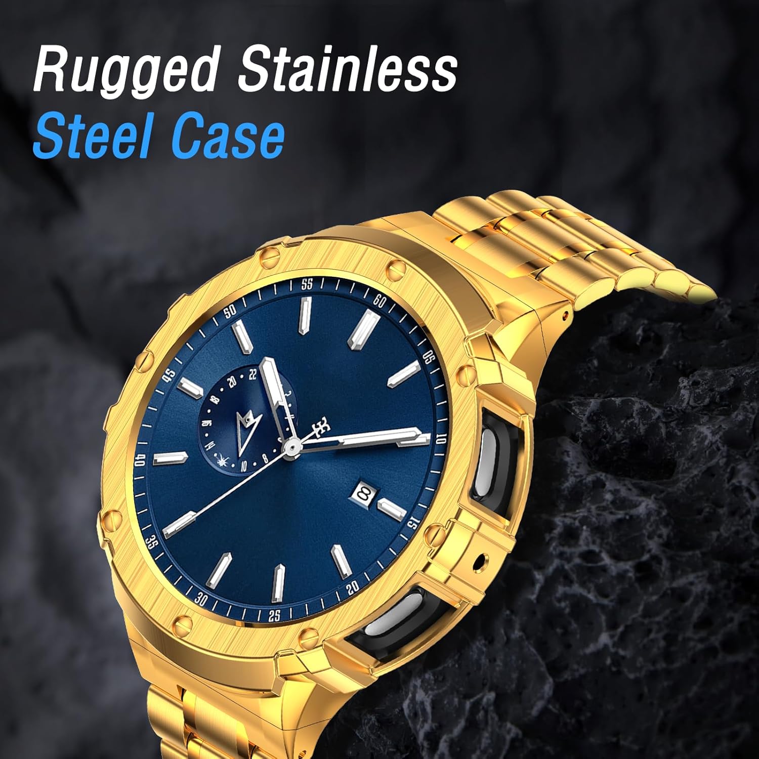 BAITEYOU Stainless Steel Bands with Case Compatible with Samsung Galaxy Watch 7 44mm, Rugged Protective Case Cover and Metal Band for Samsung Galaxy Watch 7 44mm for Men (Gold)