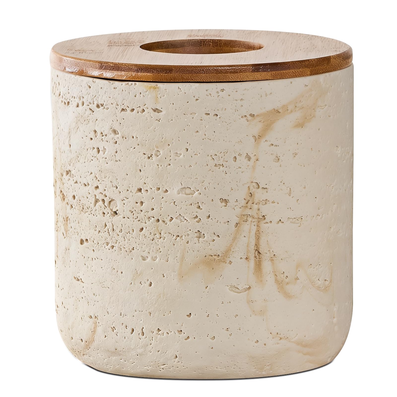 Natural Travertine Textures Beige Mini Trash Can with Bamboo Lid,Small Countertop Trash Can for Bathroom,Kitchen,Vanity,Desk Trash Can,Table Top Mini Garbage Can for Dining Room,Tiny Waste Basket