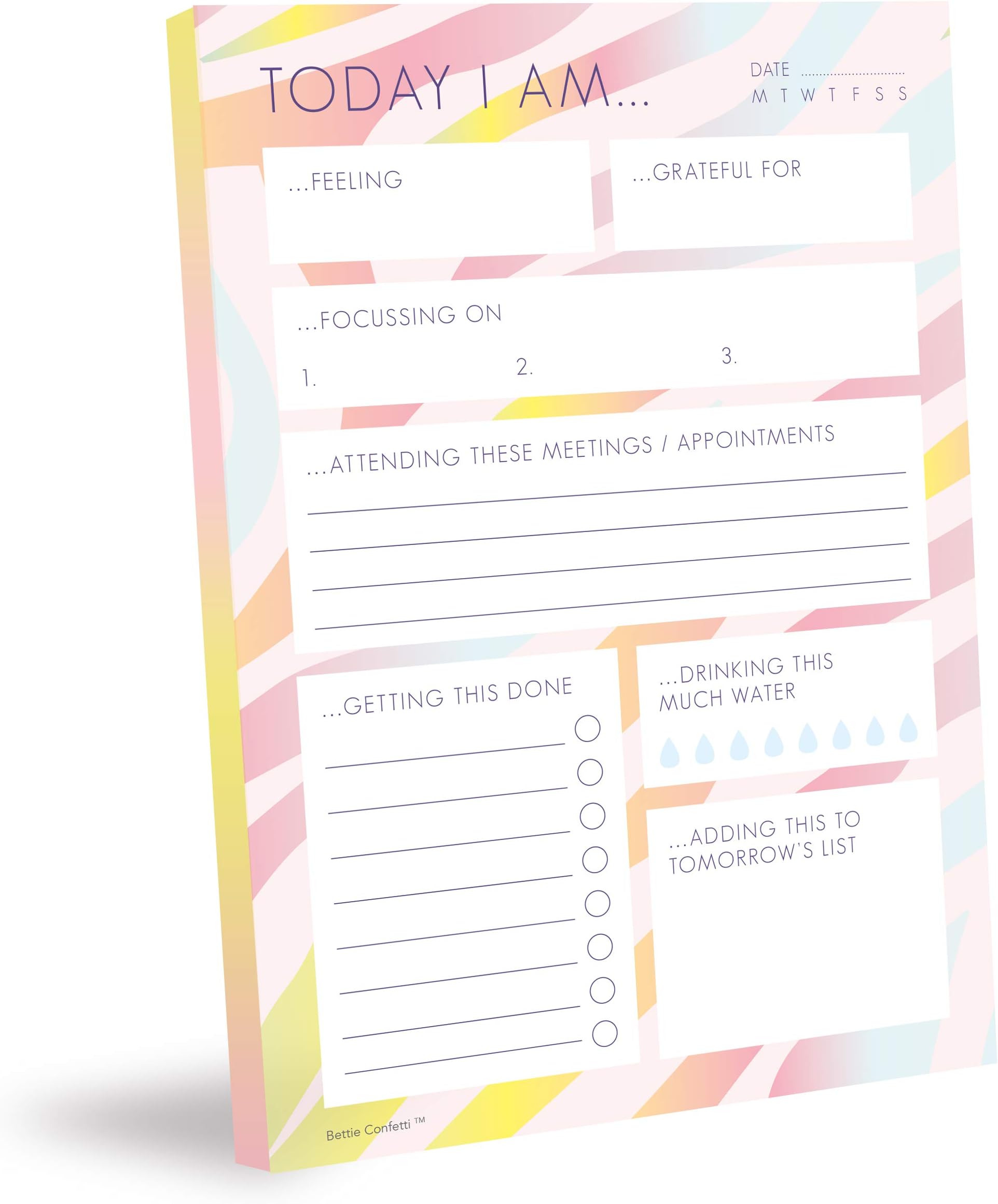 Bettie Confetti Daily Wellness Productivity Planner |Pink Undated A5 Today I Am Funny Notepad With Mental Health Check Ins, To Do List & Goals|For Students, Teachers, Desk Office|50 Tear Off Sheets