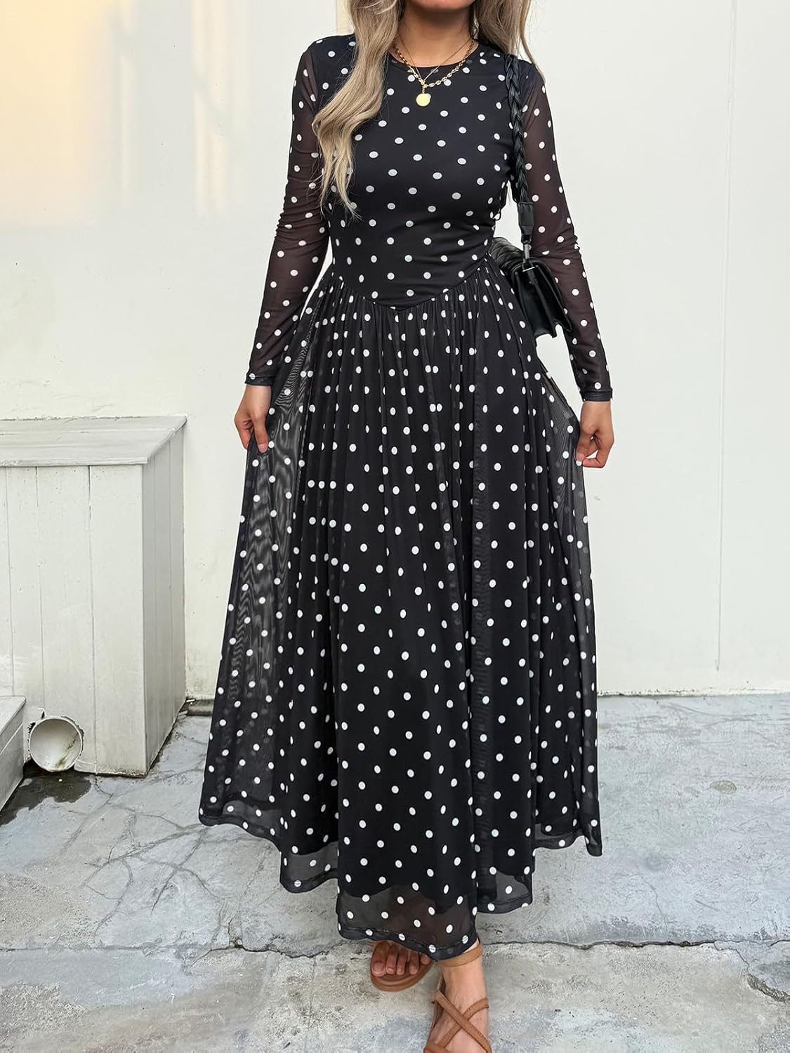 Women's Maxi Dress 2026 Spring Long Sleeve Crewneck Mesh Floral Dress Drop Waist Party Wedding Guest Dresses - Image 2