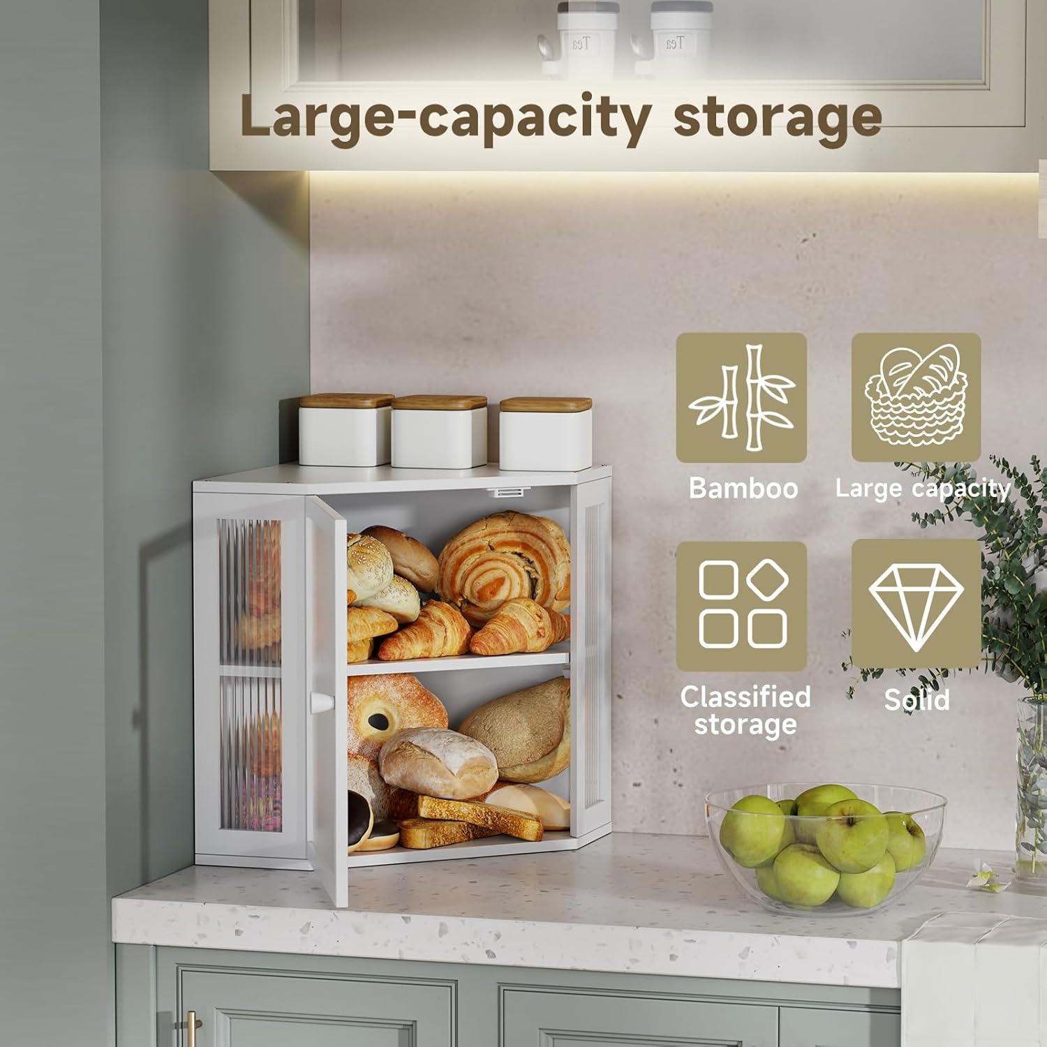 Corner Bread Box for Kitchen Countertop,Double Layer Large Capacity Bread Storage Bin, Bamboo Bread Container with Acrylic Door (White, Medium)