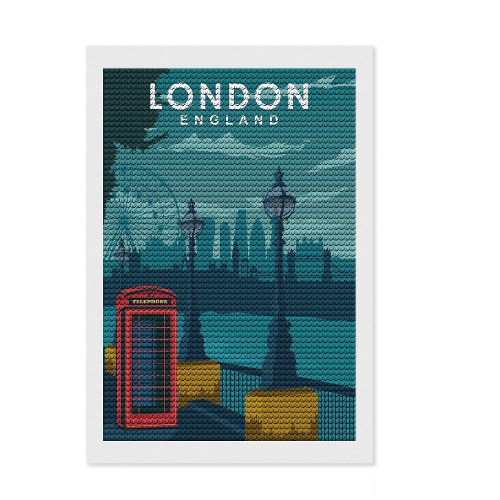 Junmoney London Travel 5D Diamond Painting Kit 8"x12", Round Gems, Sparkling Crystal Beads, Artistic Hobby, Farmhouse Decor