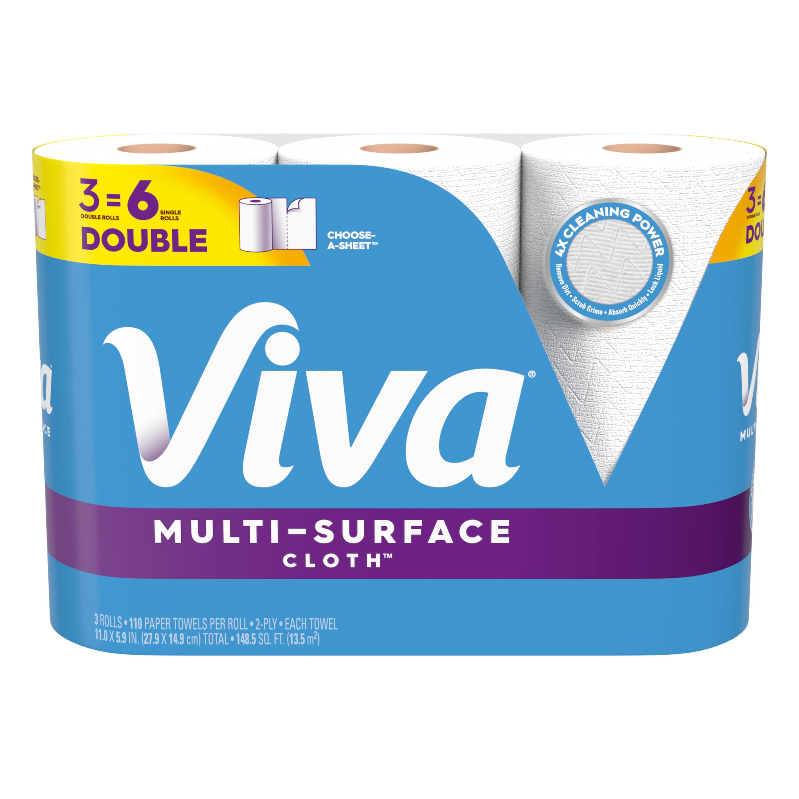 Viva Multi-Surface Cloth Paper Towels, 3 Double Rolls, 110 Sheets per Roll (Packaging May Vary)