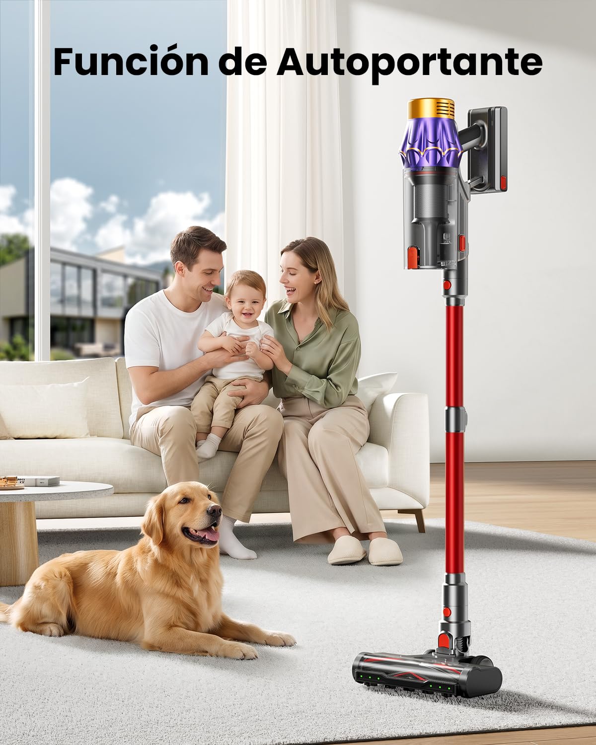 Aspiradora sin Cable 55Kpa/650W/70Mins, Escoba Aspiradora de 1.8L, Sistema de Filtración de 8 Etapas,Autoportante, Adecuada para Pelo de Mascotas, Luz Verde Alfombras y Suelos de Madera