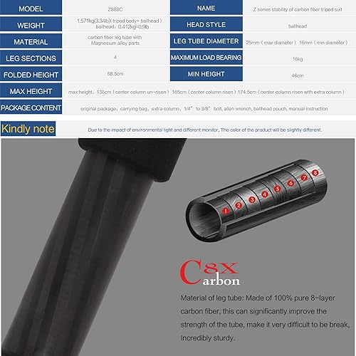 Miniatura 9 de Zomei Z818C - Soporte de trípode portátil profesional de fibra de carbono con cabezal de bola de liberación rápida, bolsa de transporte para Canon