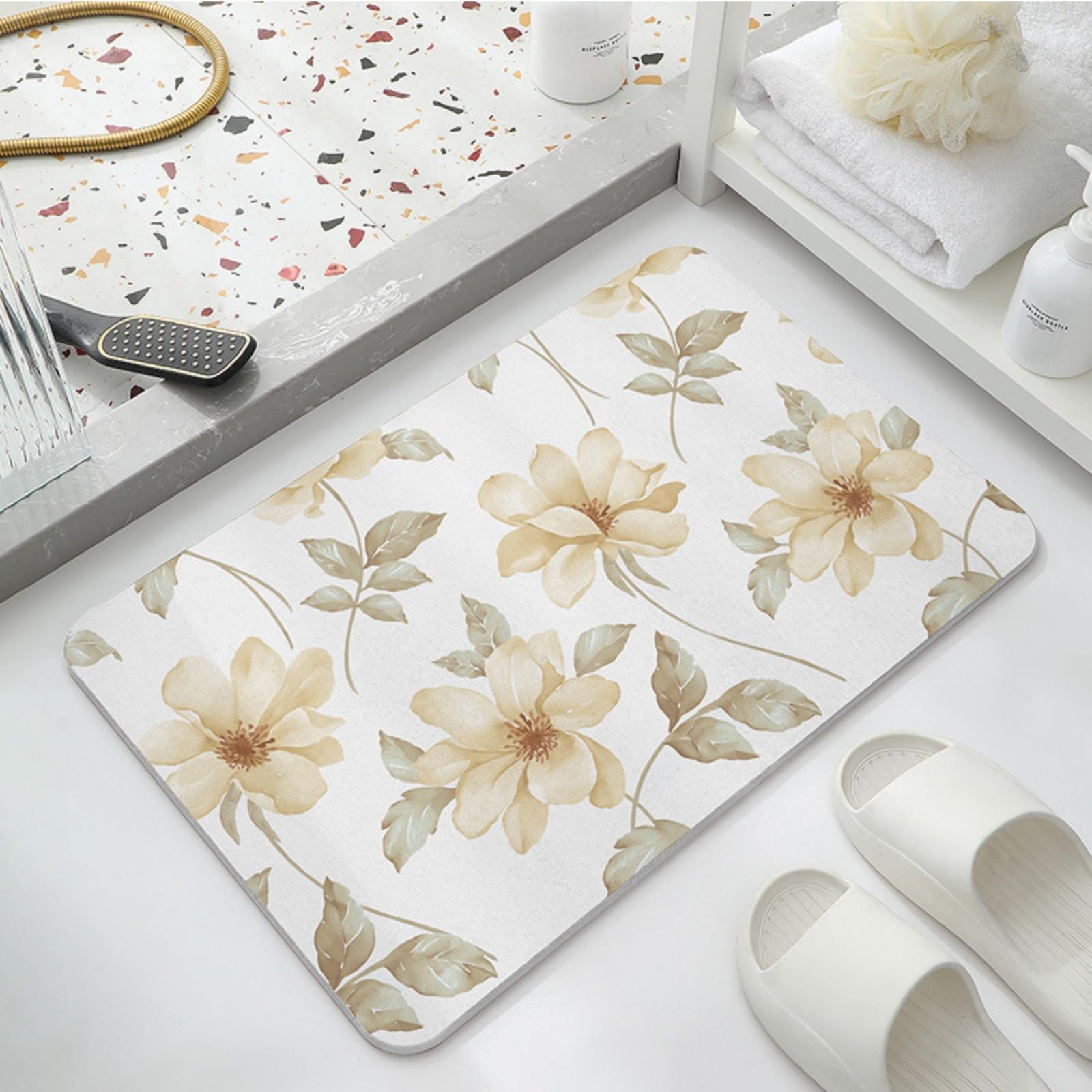 Topzywlc Stone Bath Mat Diatomite Quick Dry Bath Mat Non Slip Anti Mould Absorbent Magic Mat for Bathroom Floor Comes with Non-slip Pad and Sandpaper (Flowers, 39 * 60 * 0.9cm)