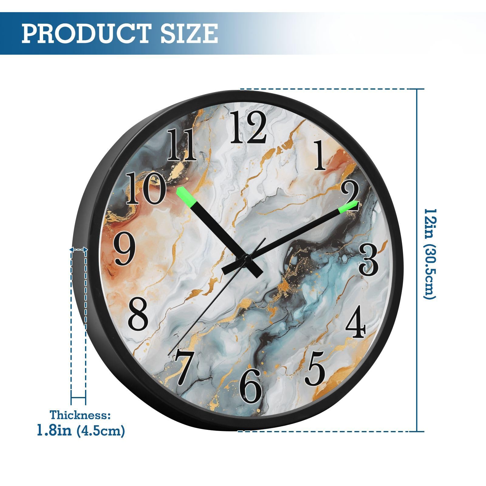 Mnsruu Reloj de pared luminoso 4234 de mármol, reloj de pared que brilla en la oscuridad, funciona con pilas, silencioso, sin tictac, luz nocturna para dormitorio